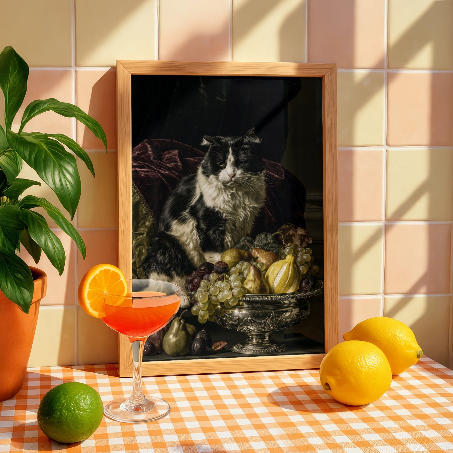 Black and White Cat with Fruit Bowl, Elegant Wall Art, Vintage Style Poster