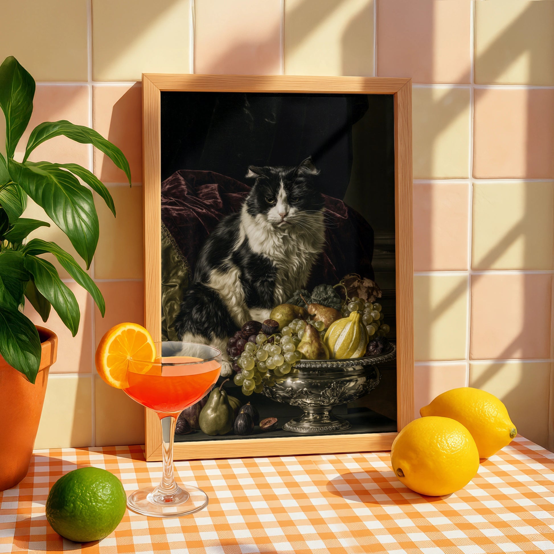 Black and White Cat with Fruit Bowl, Elegant Wall Art, Vintage Style Poster
