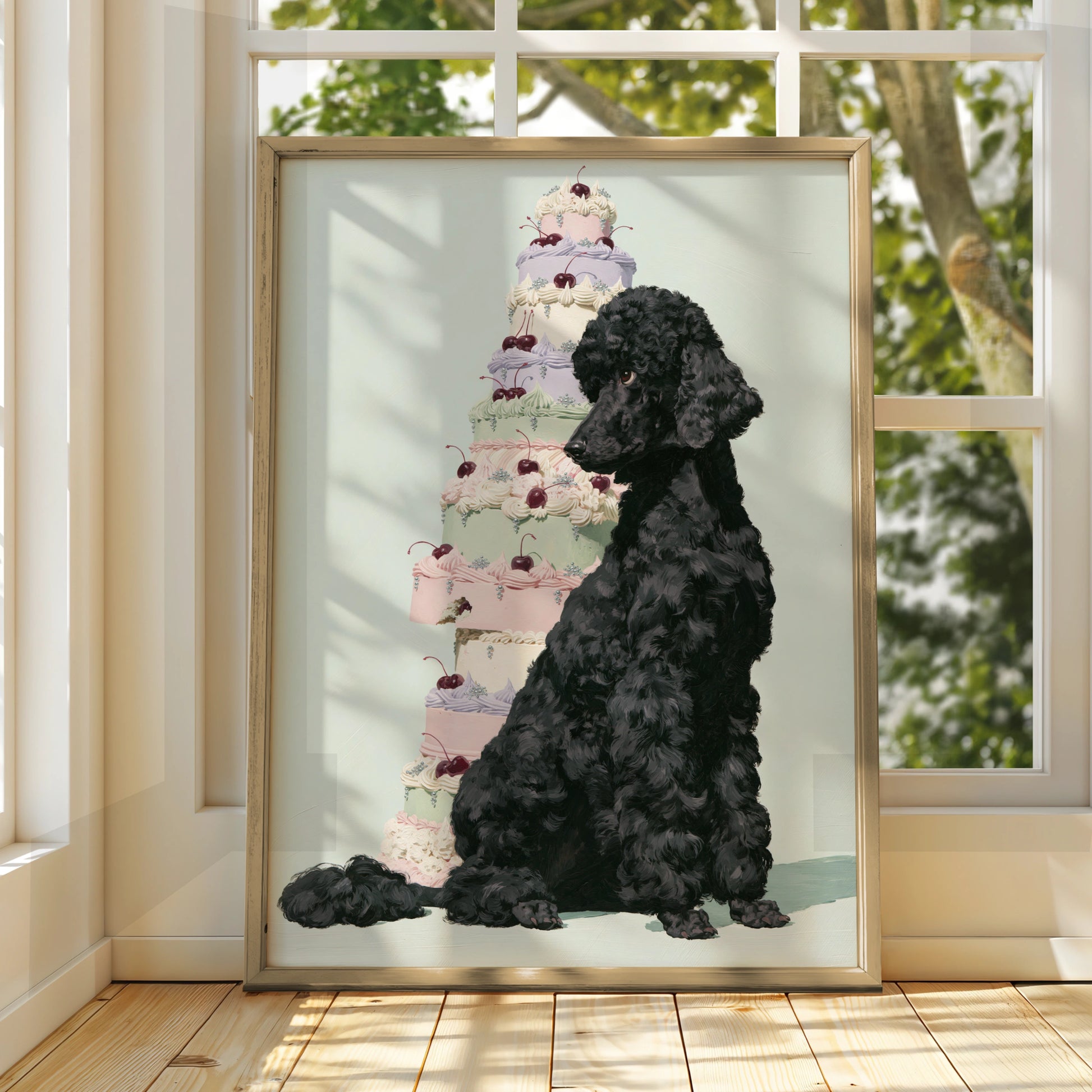 Black Poodle with Cake, Dog Art Print, Whimsical Wall Decor