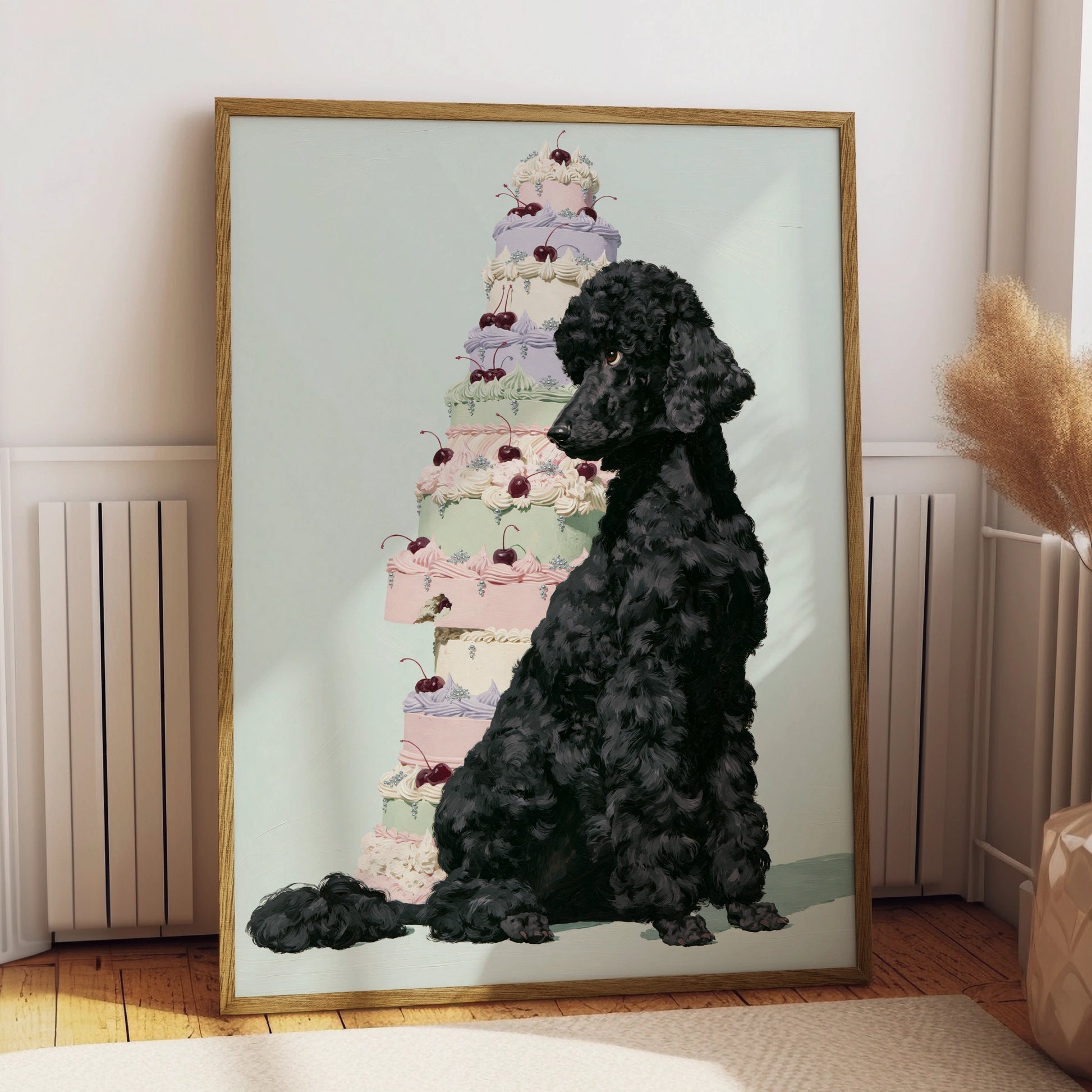 Black Poodle with Cake, Dog Art Print, Whimsical Wall Decor