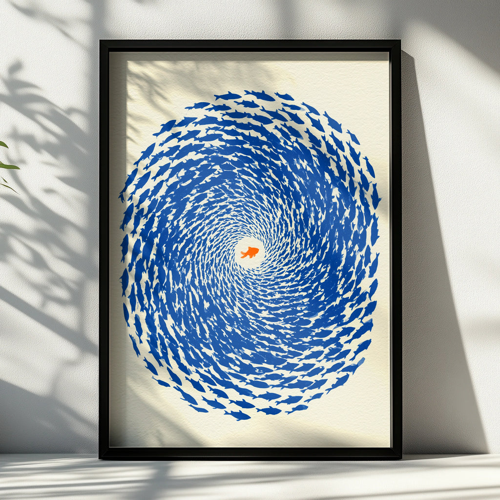 Swirling School of Fish, Art Print, Blue Home Decor, Ocean Theme
