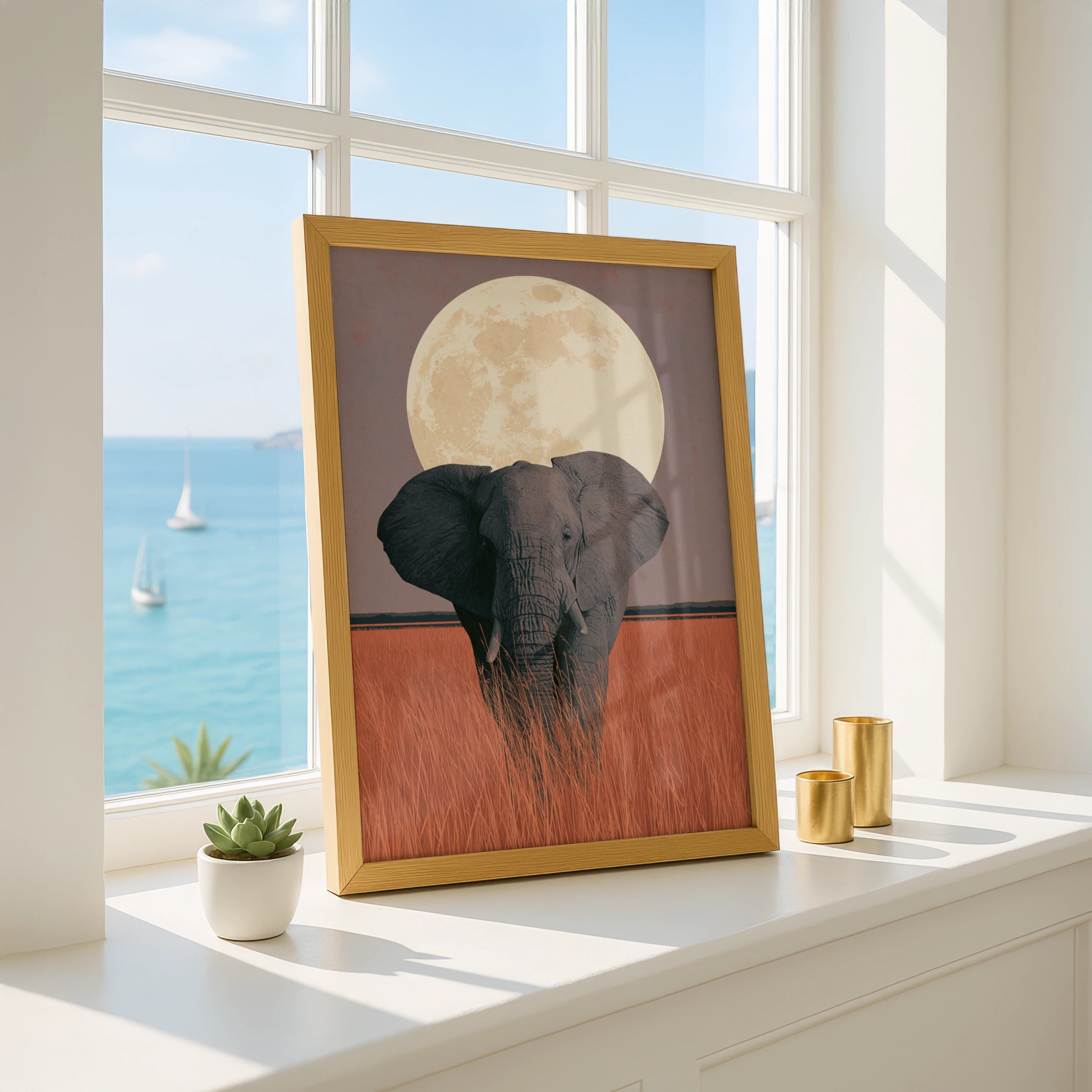 Elephant Under Full Moon, Art Print, Wildlife Poster, Nature Decor