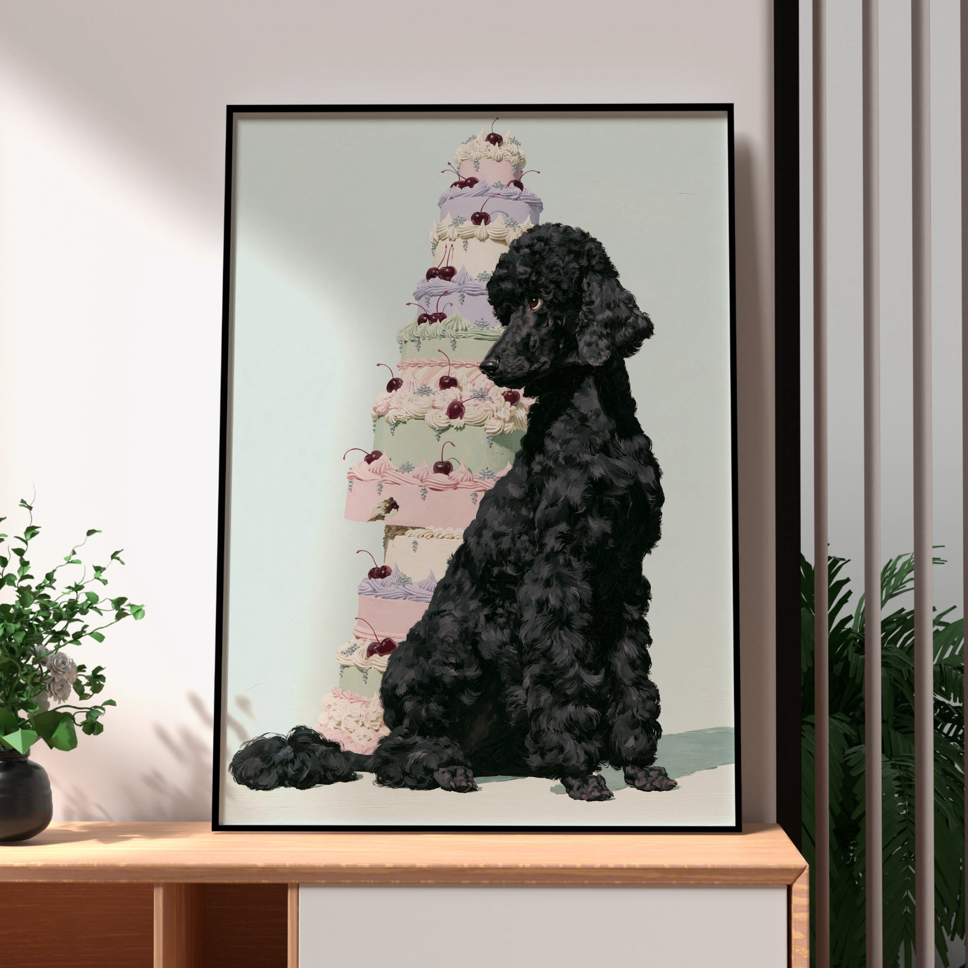 Black Poodle with Cake, Dog Art Print, Whimsical Wall Decor