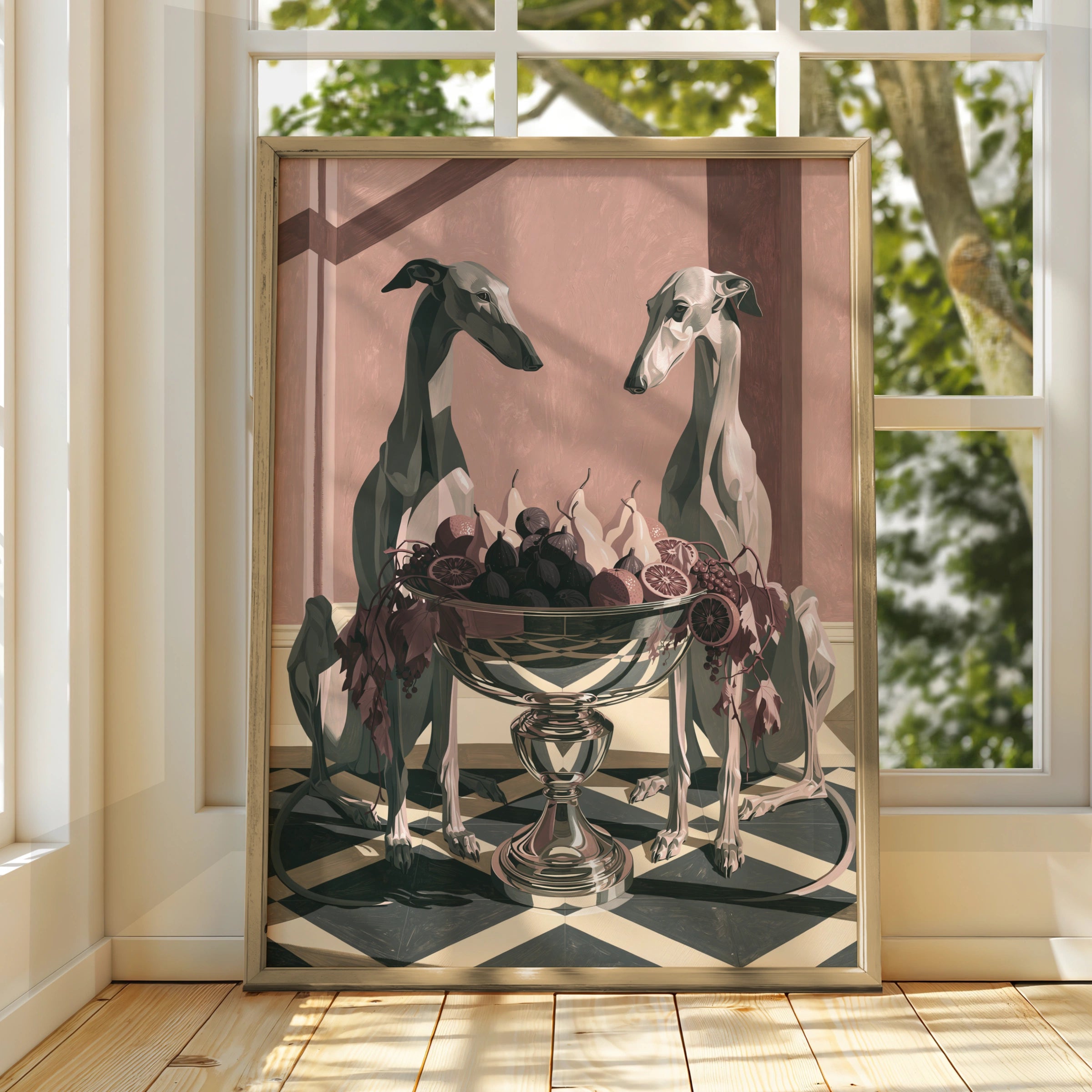 Hounds with Fruit Bowl Art Print, Decorative Wall Artwork, Contemporary Style for Pet Lovers