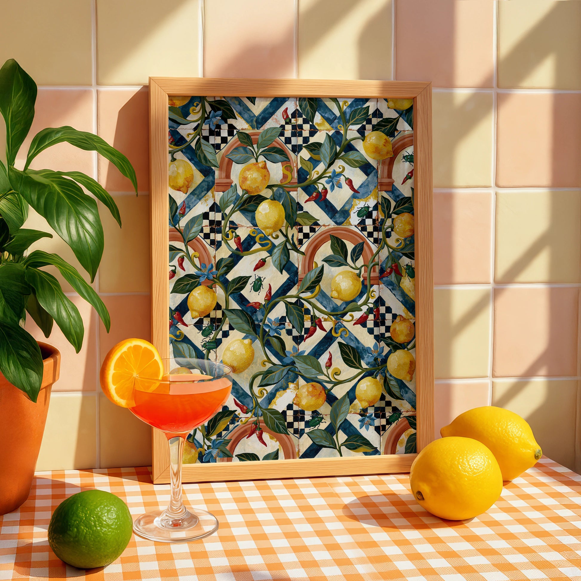 Lemon Tile Pattern Art Print, Vibrant Wall Decor, Floral Design, Modern Kitchen Art