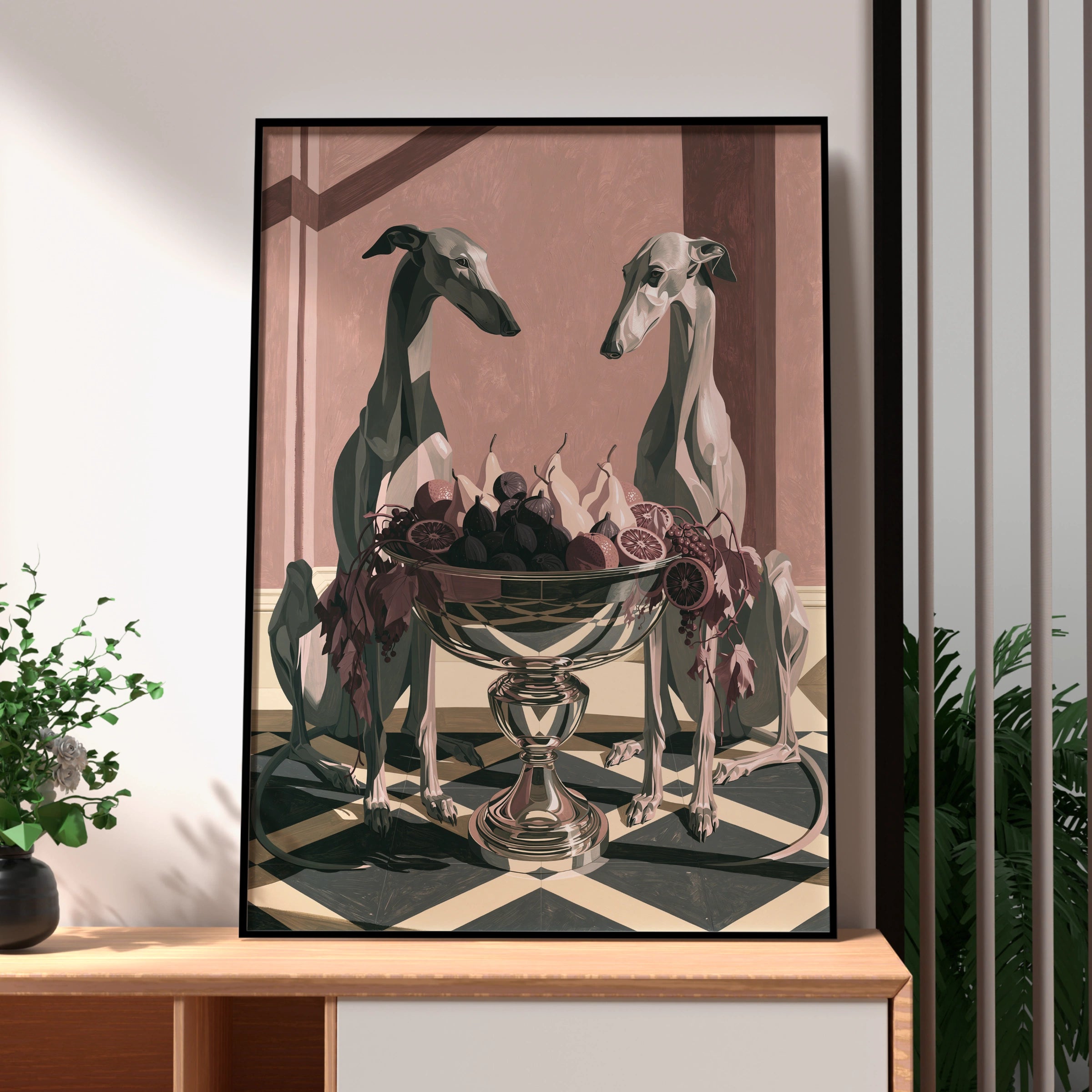 Hounds with Fruit Bowl Art Print, Decorative Wall Artwork, Contemporary Style for Pet Lovers