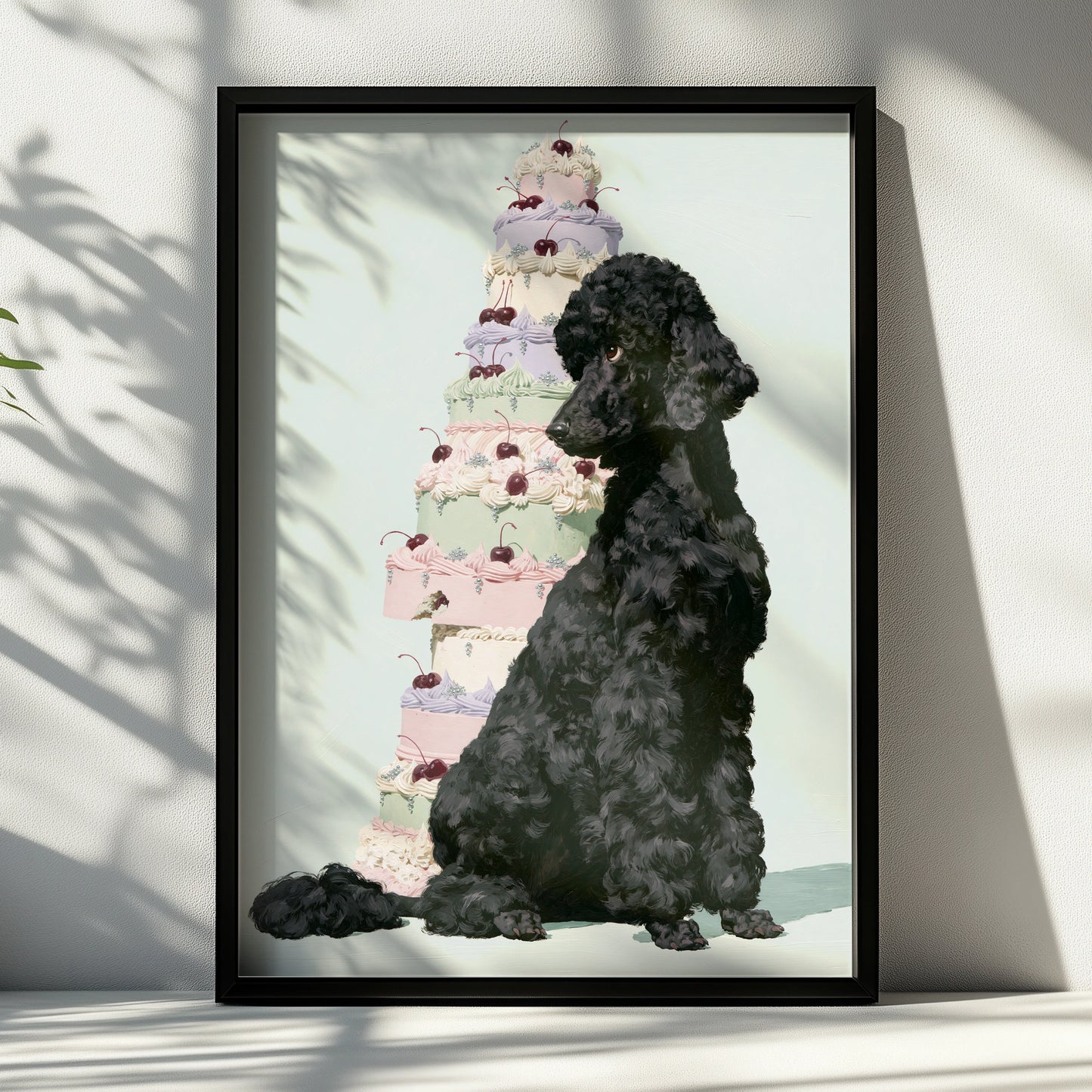 Black Poodle with Cake, Dog Art Print, Whimsical Wall Decor