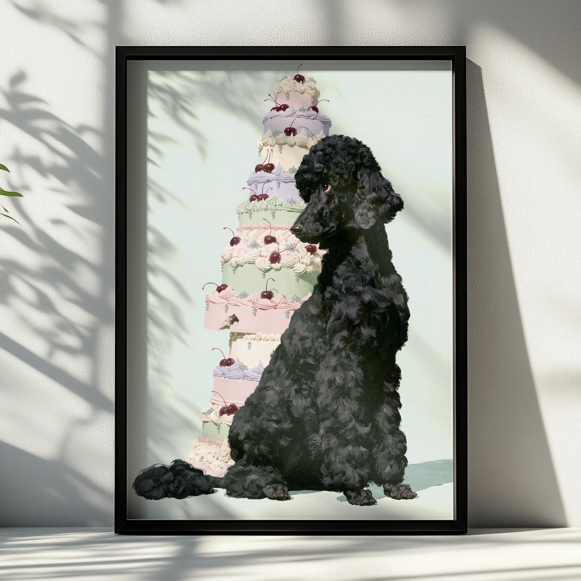 Black Poodle with Cake, Dog Art Print, Whimsical Wall Decor