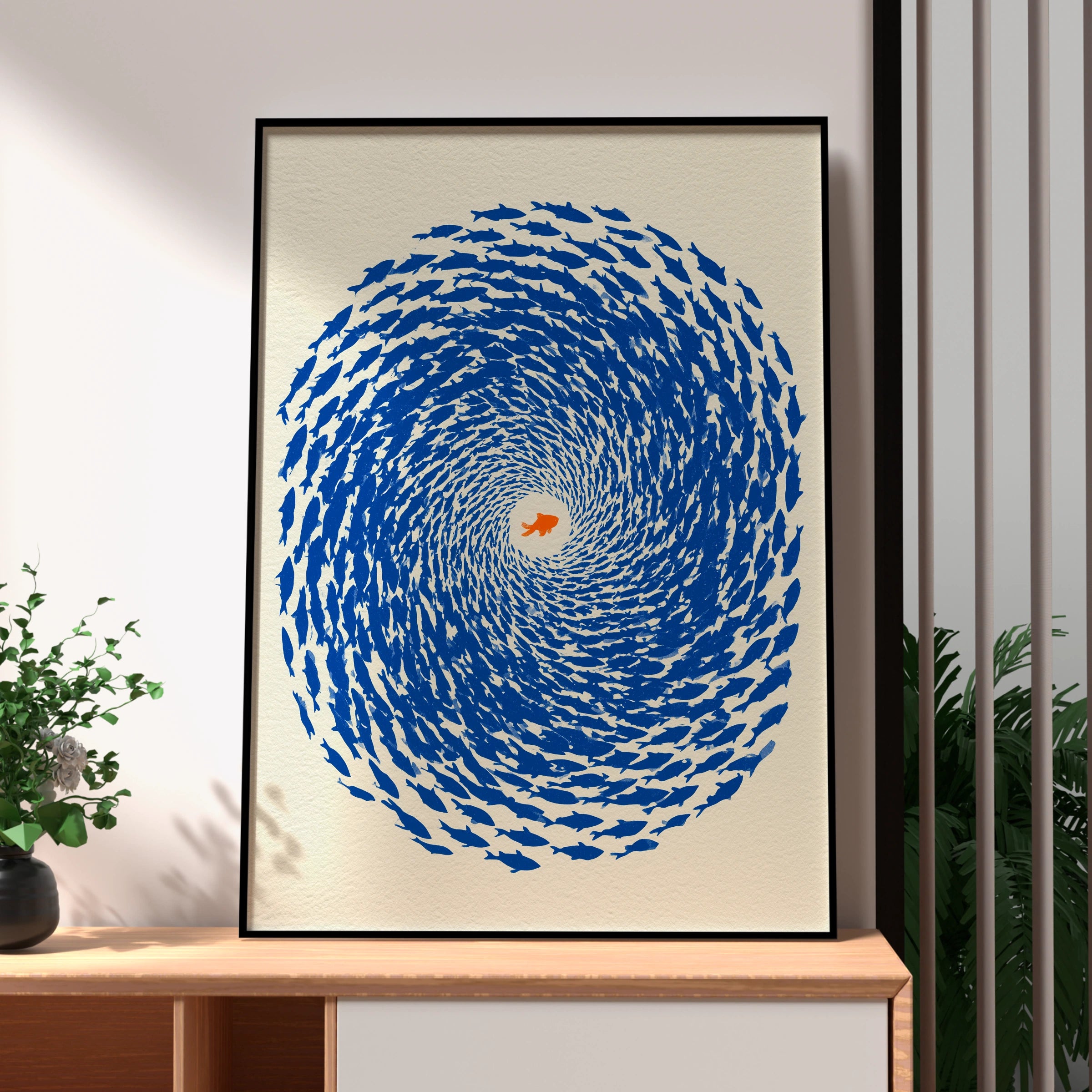 Swirling School of Fish, Art Print, Blue Home Decor, Ocean Theme