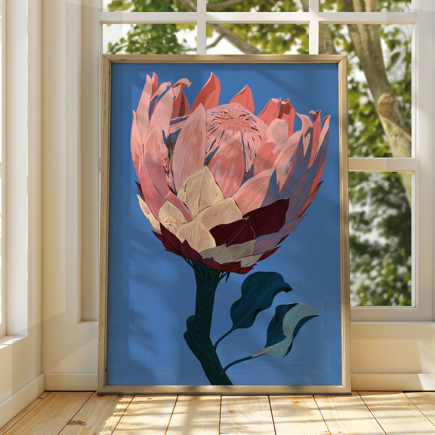 Protea Flower Art Print, Floral Wall Decor, Pink Botanical Poster, Nature Illustration