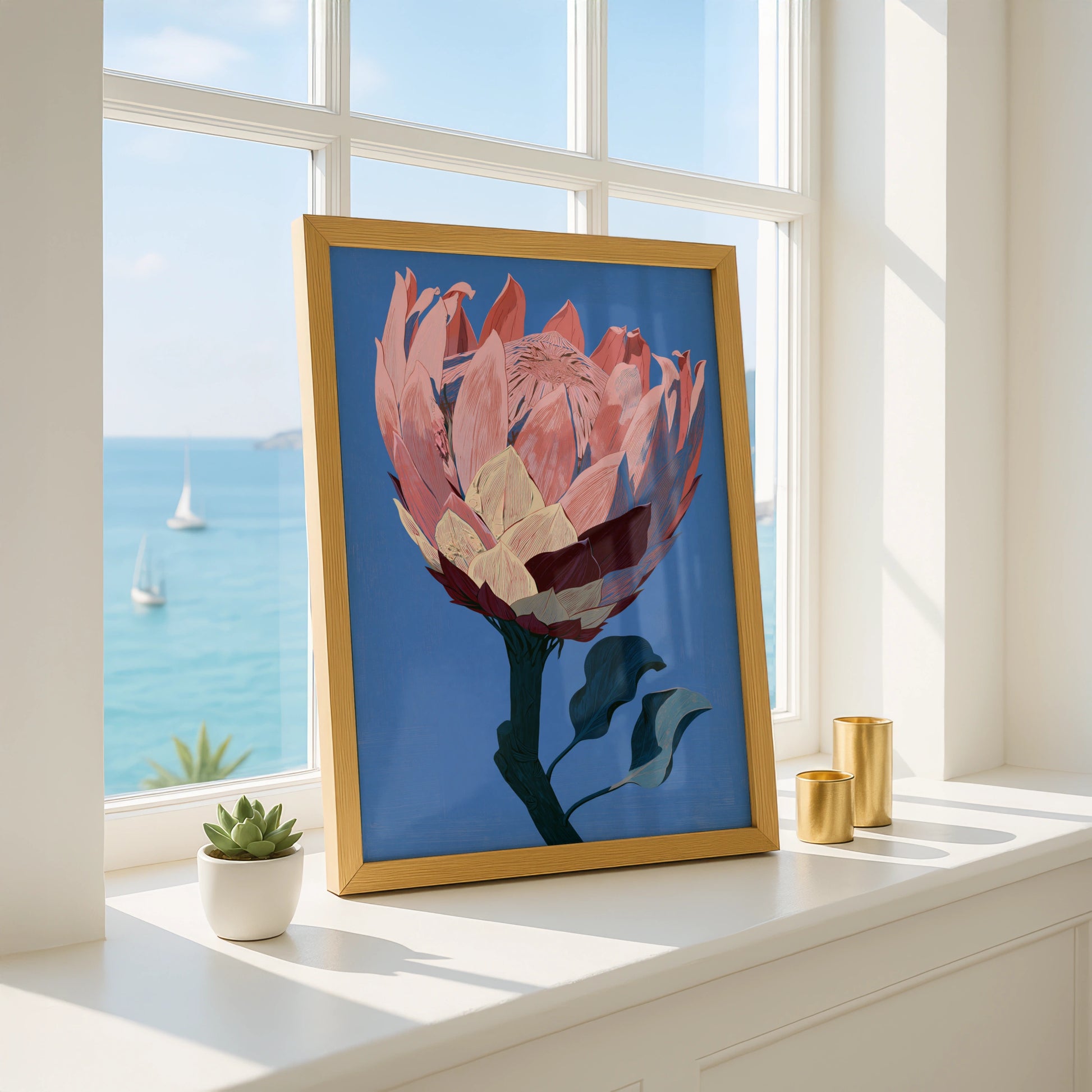 Protea Flower Art Print, Floral Wall Decor, Pink Botanical Poster, Nature Illustration