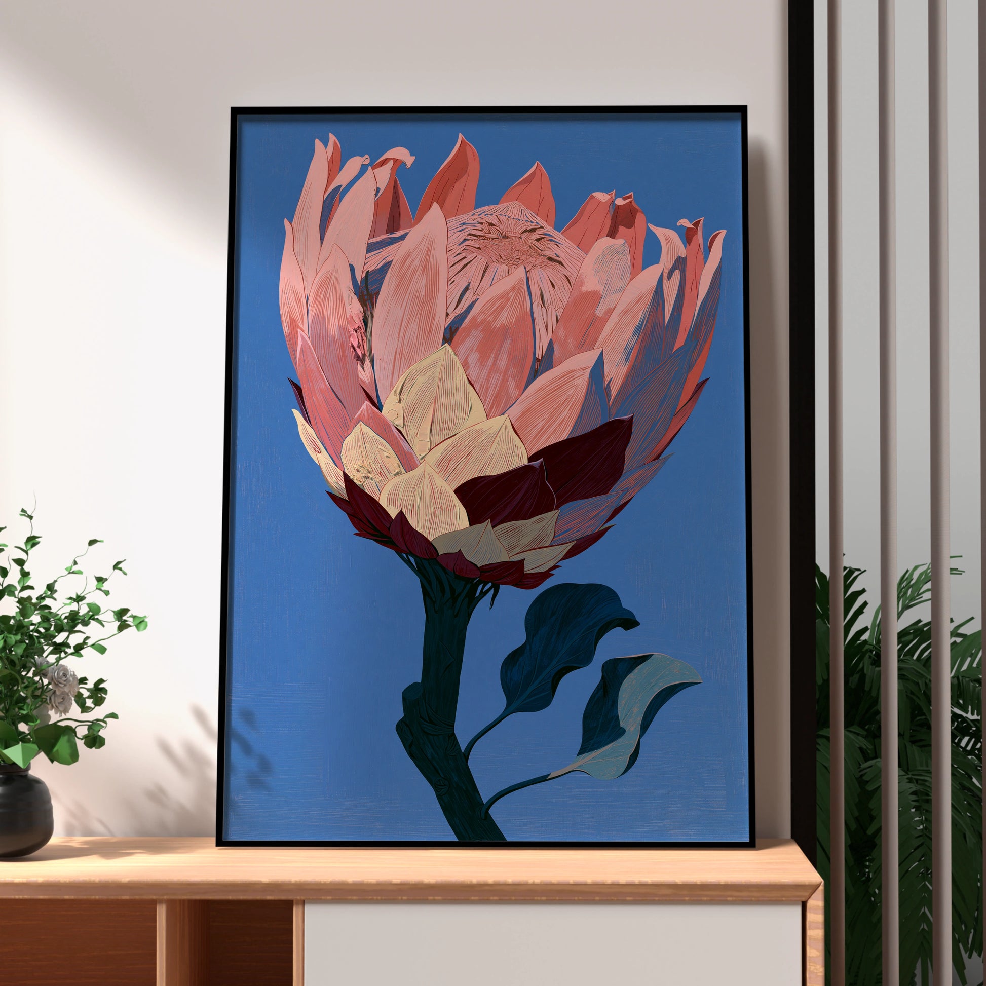 Protea Flower Art Print, Floral Wall Decor, Pink Botanical Poster, Nature Illustration