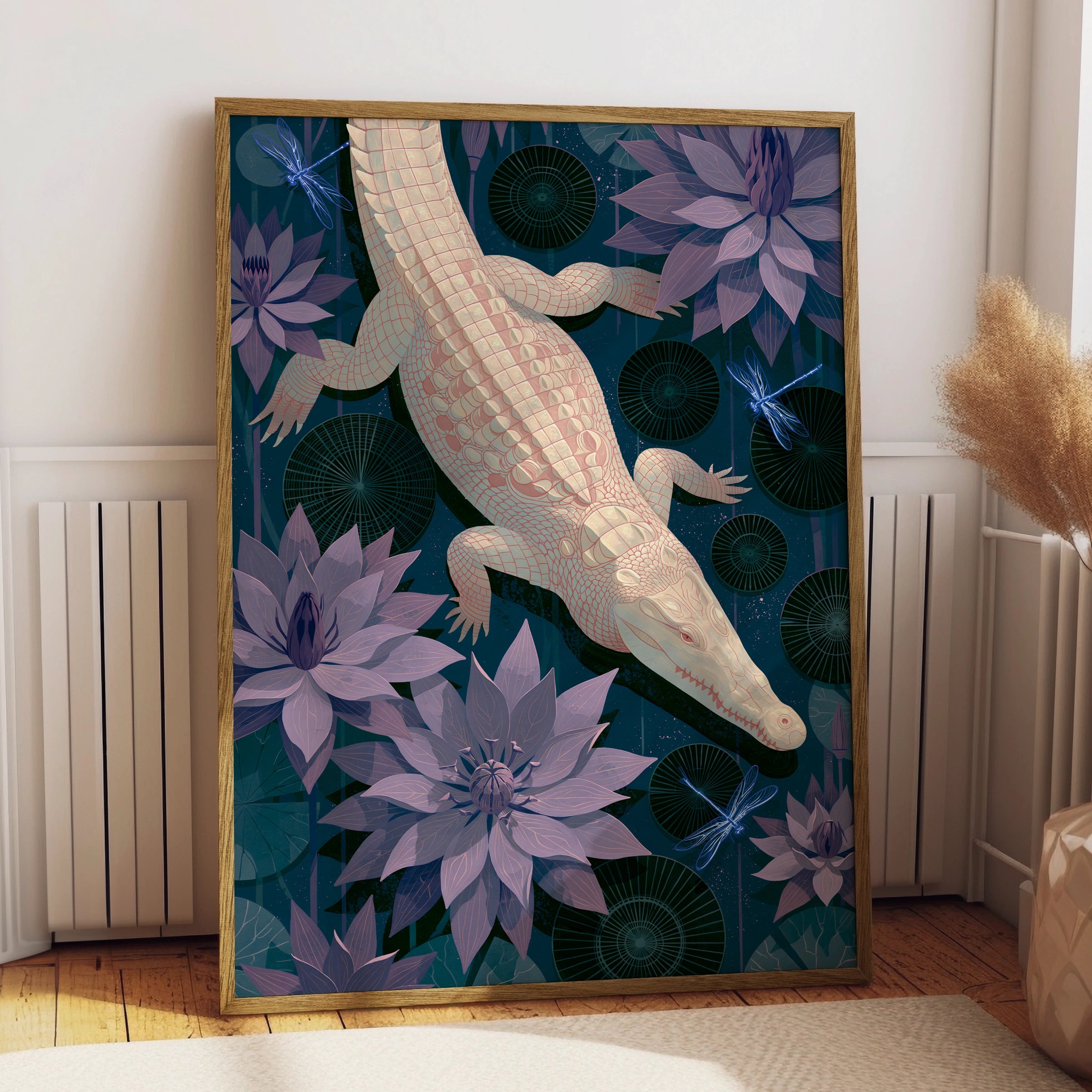 Albino Crocodile Art Print, Underwater Scene, Floral Minimalism, Digital Decor, Botanical Wall Art