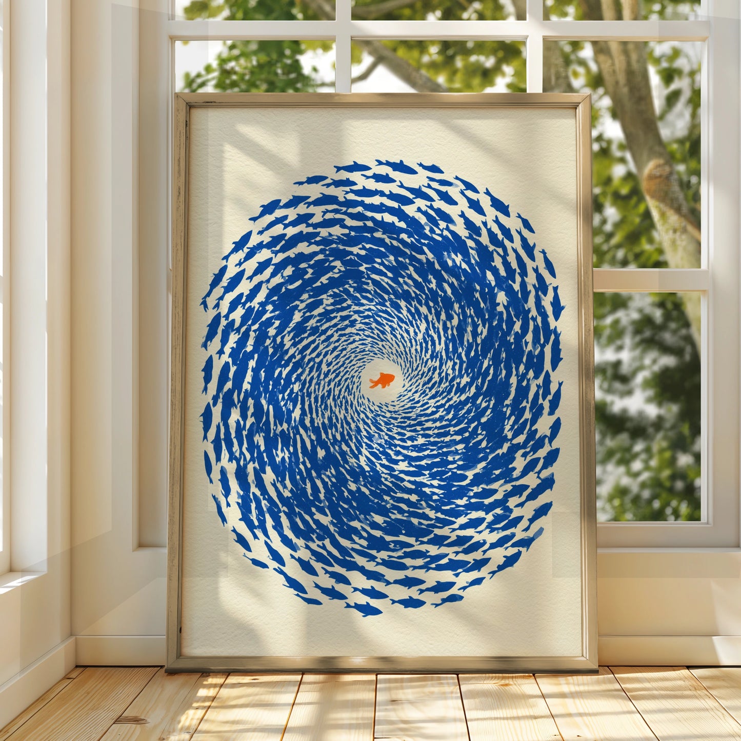 Swirling School of Fish, Art Print, Blue Home Decor, Ocean Theme