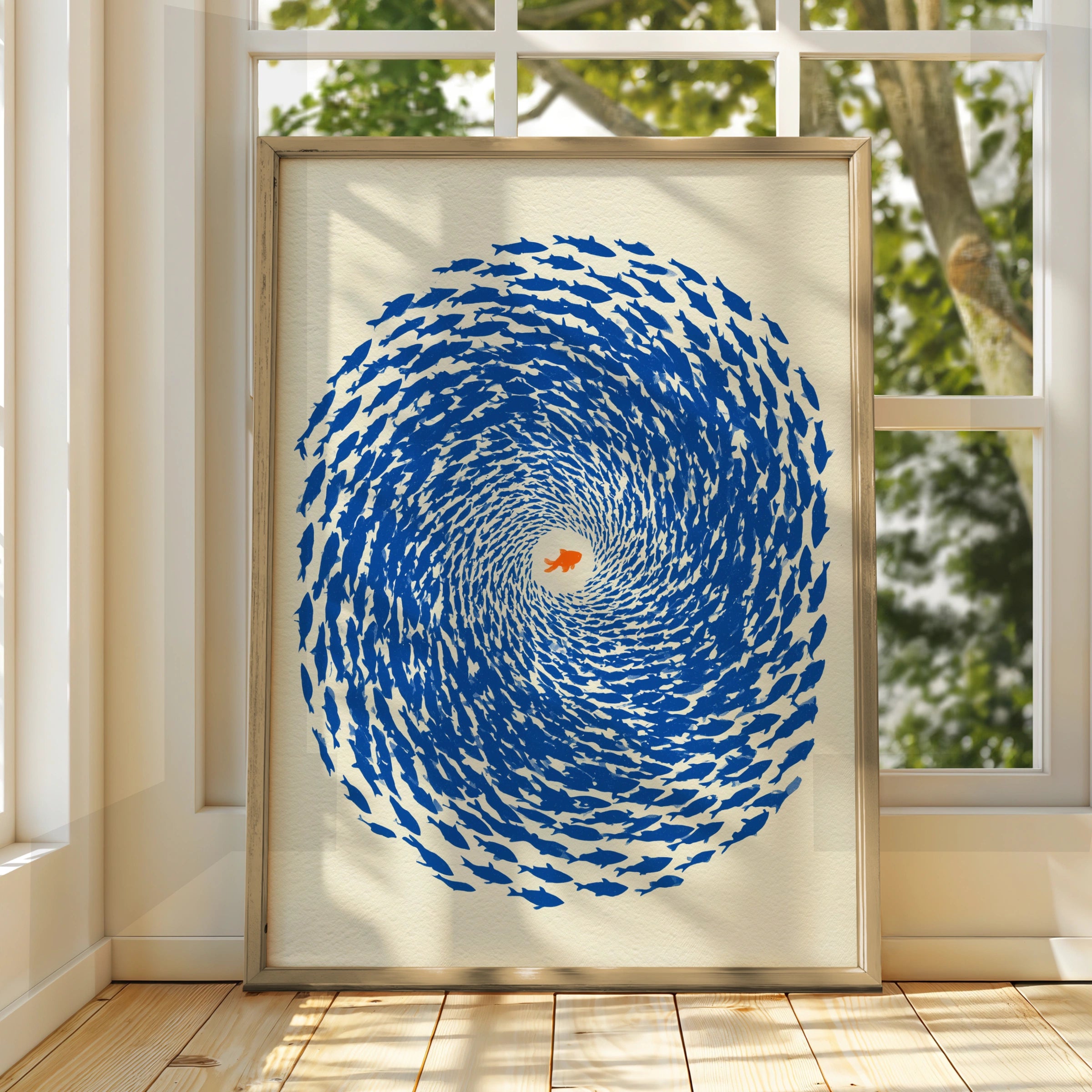 Swirling School of Fish, Art Print, Blue Home Decor, Ocean Theme