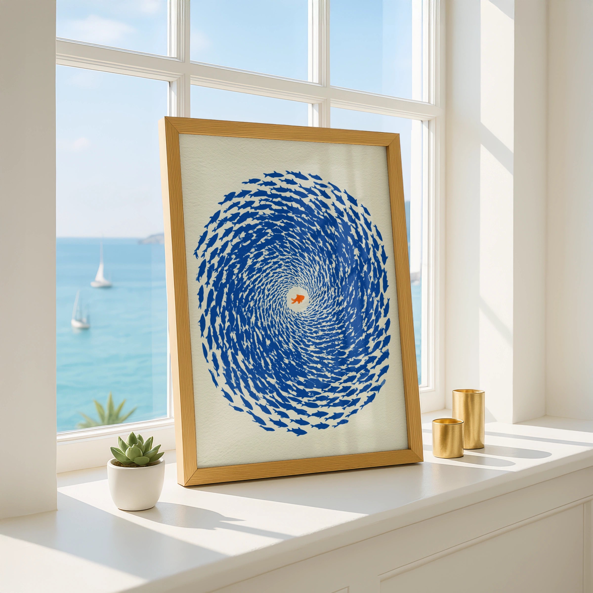 Swirling School of Fish, Art Print, Blue Home Decor, Ocean Theme