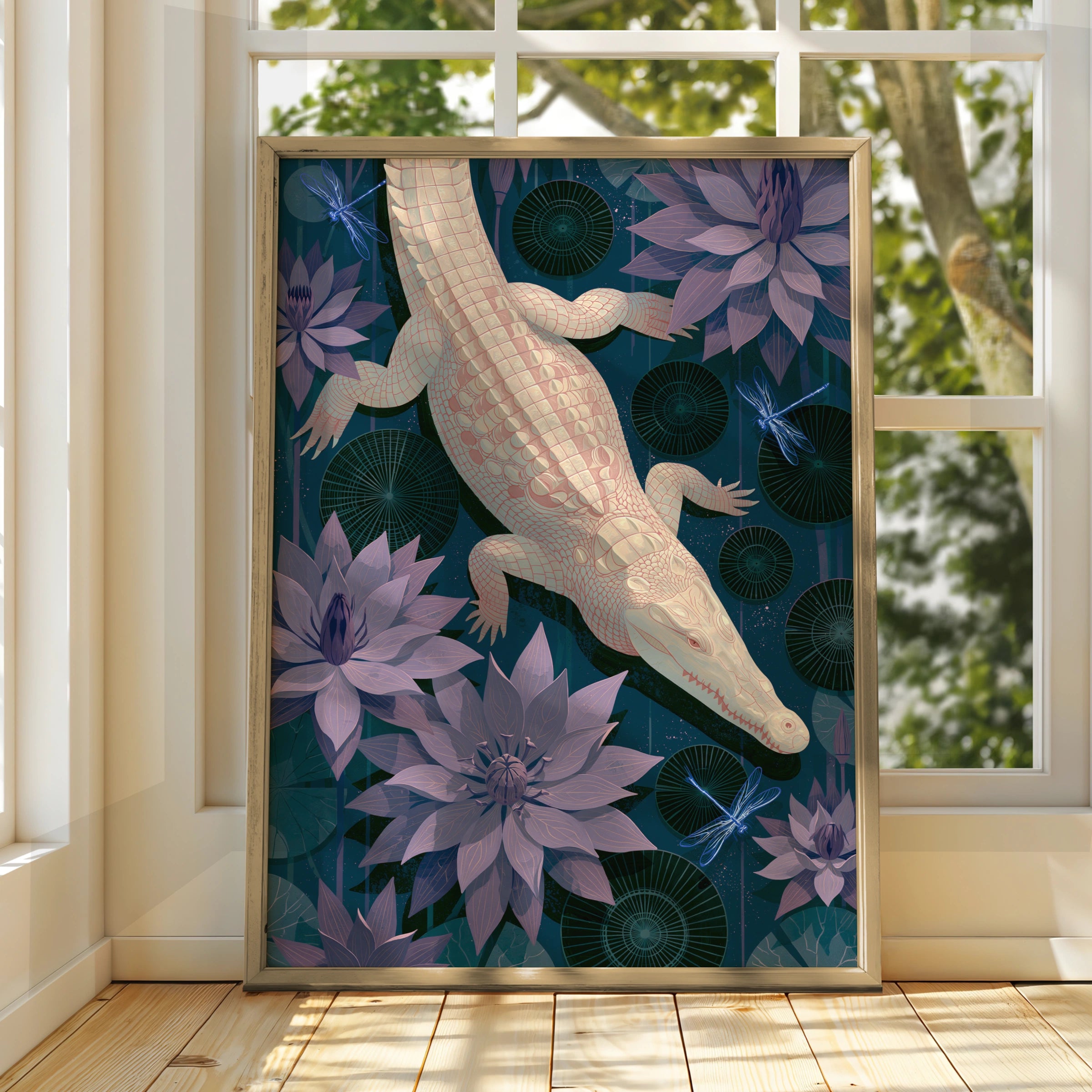 Albino Crocodile Art Print, Underwater Scene, Floral Minimalism, Digital Decor, Botanical Wall Art
