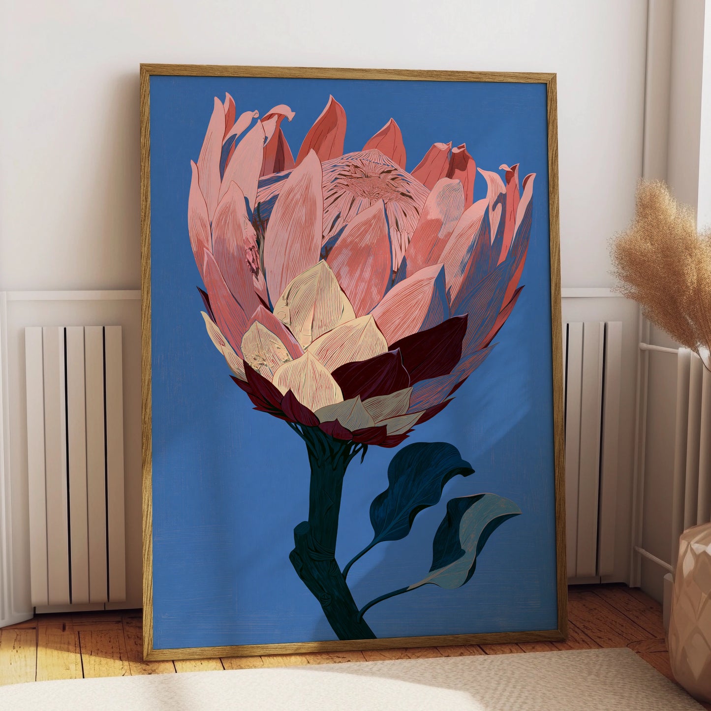 Protea Flower Art Print, Floral Wall Decor, Pink Botanical Poster, Nature Illustration