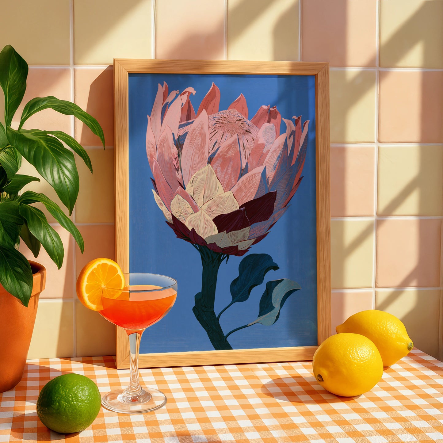 Protea Flower Art Print, Floral Wall Decor, Pink Botanical Poster, Nature Illustration