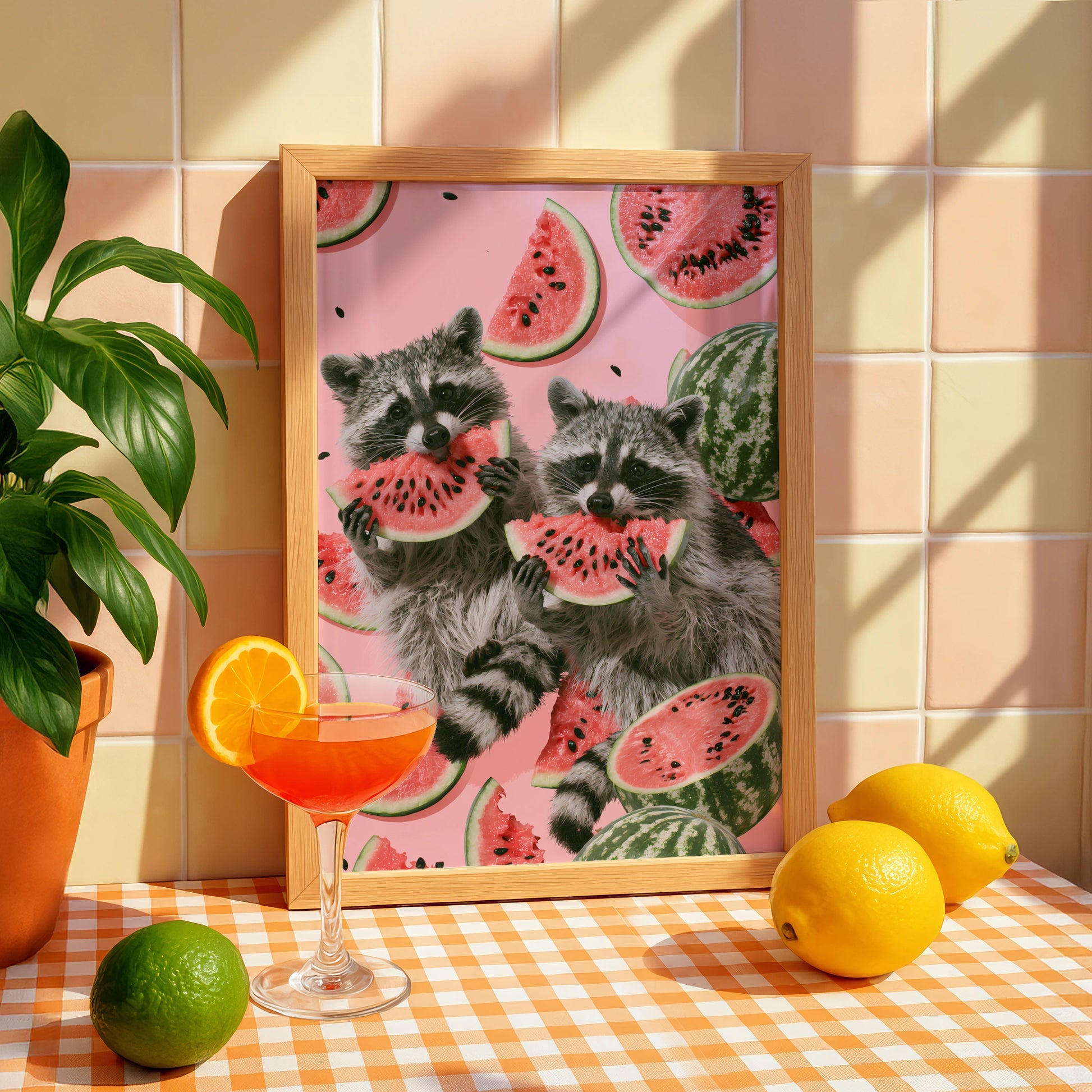 Raccoons Enjoying Watermelon, Cute Animal Print, Colourful Wall Art, Fun Home Decor