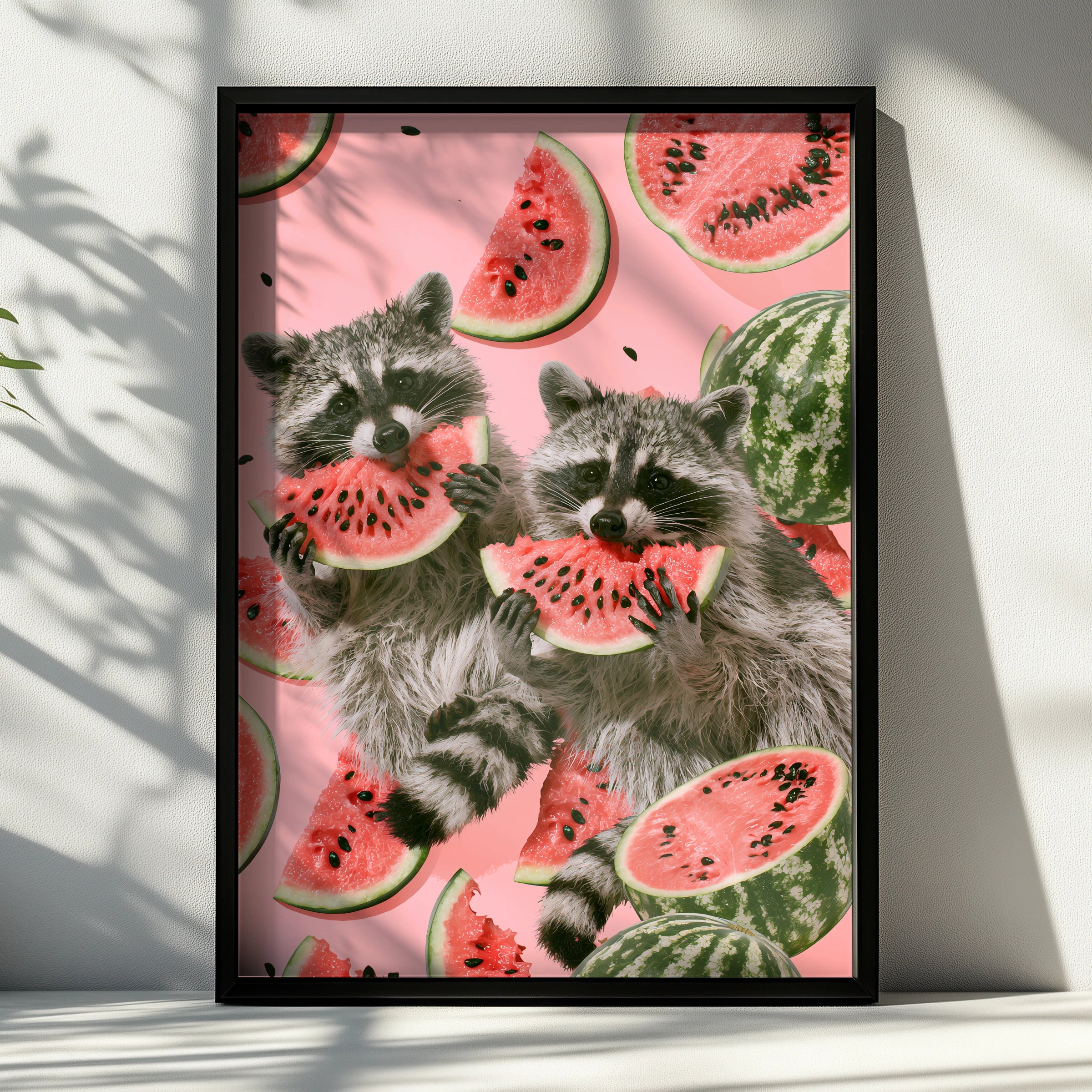 Raccoons Enjoying Watermelon, Cute Animal Print, Colourful Wall Art, Fun Home Decor