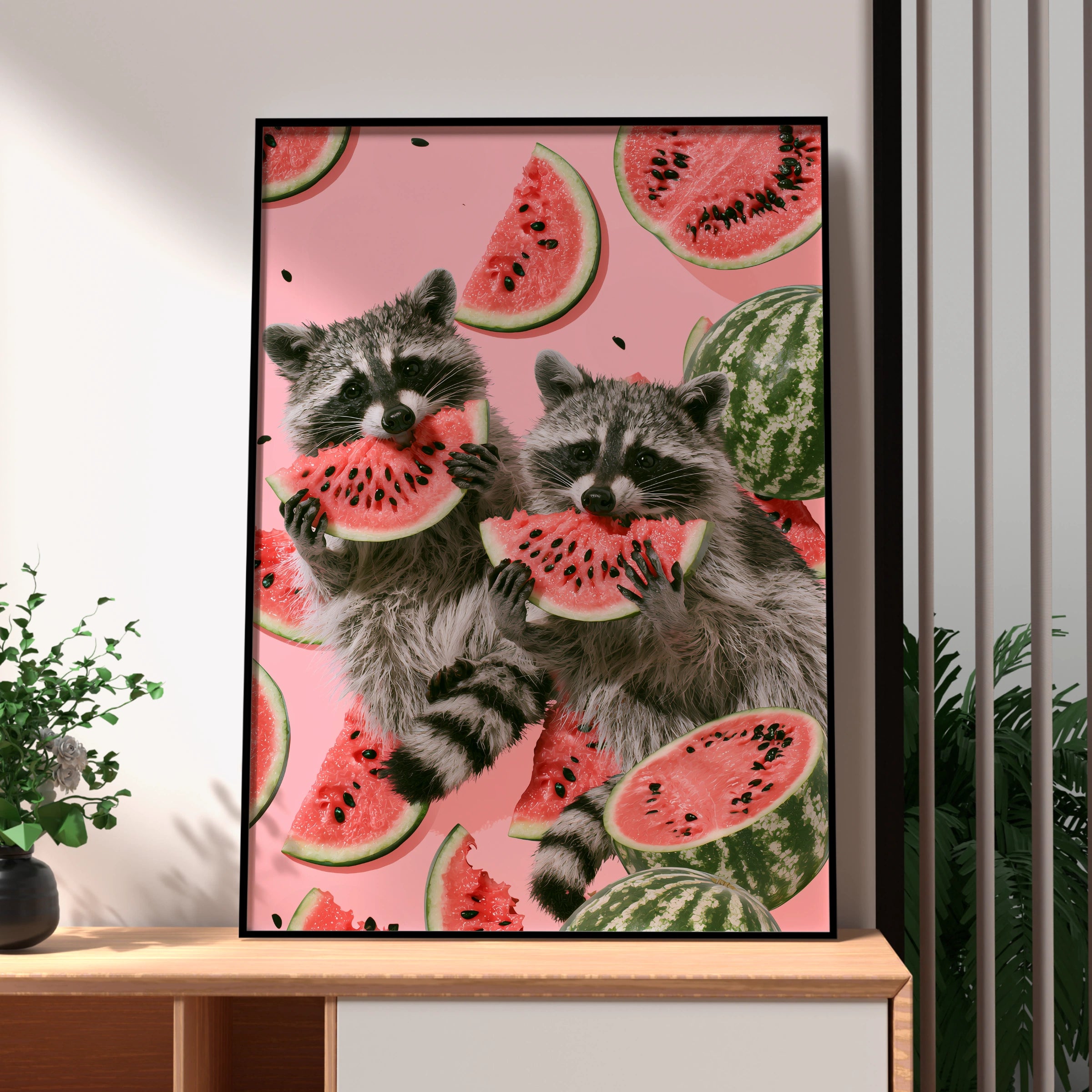 Raccoons Enjoying Watermelon, Cute Animal Print, Colourful Wall Art, Fun Home Decor