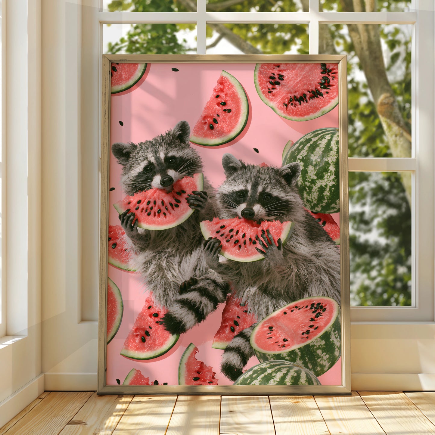 Raccoons Enjoying Watermelon, Cute Animal Print, Colourful Wall Art, Fun Home Decor