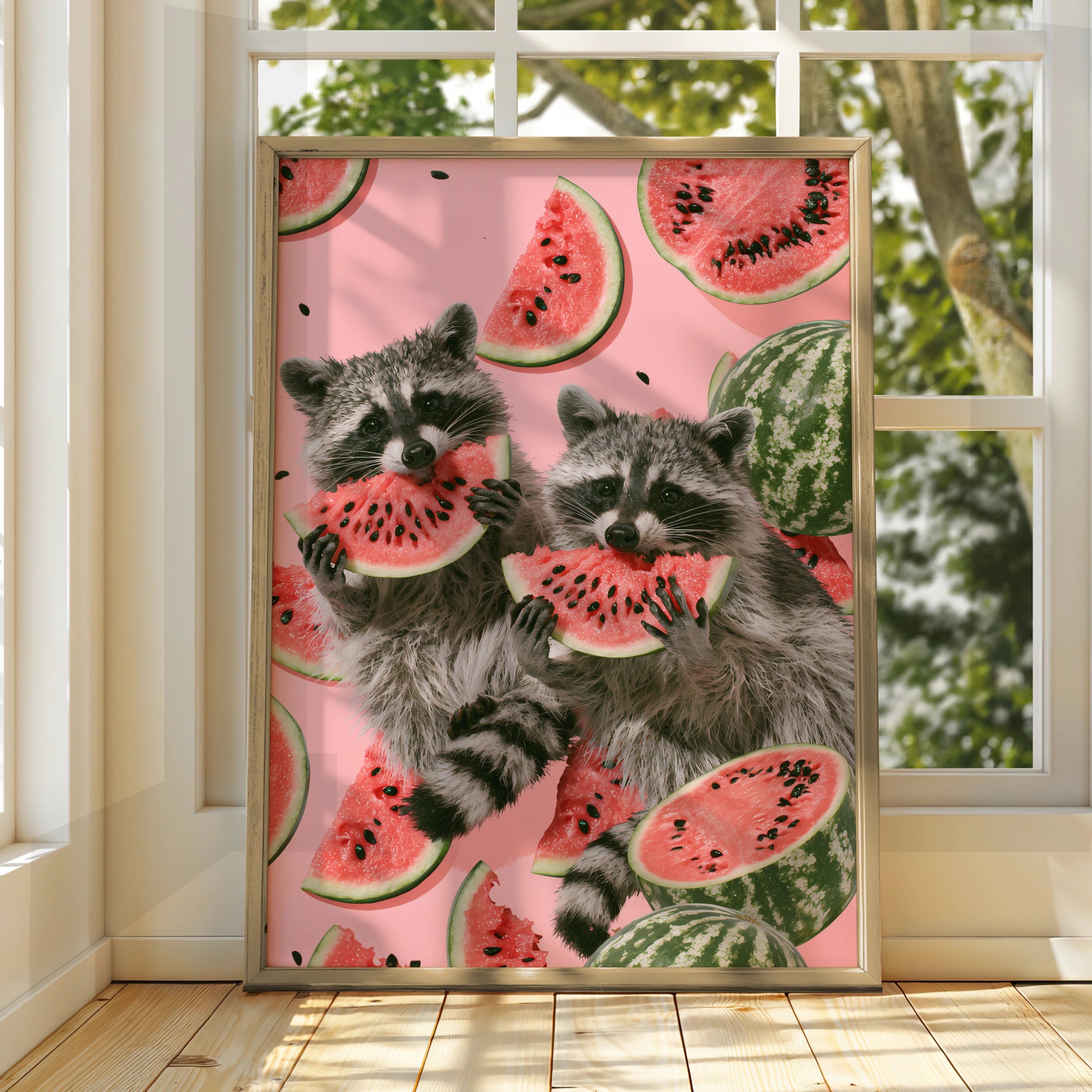 Raccoons Enjoying Watermelon, Cute Animal Print, Colourful Wall Art, Fun Home Decor
