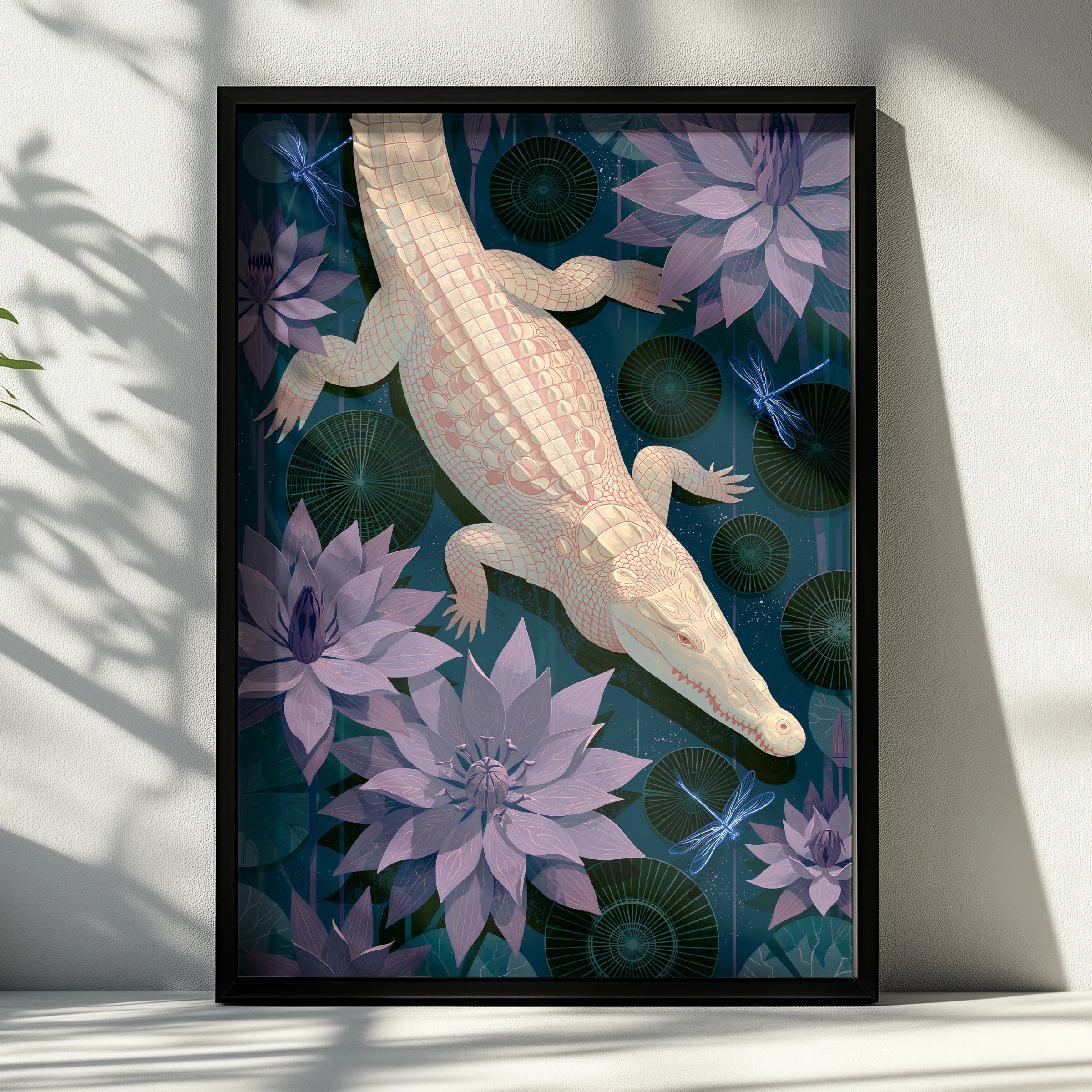 Albino Crocodile Art Print, Underwater Scene, Floral Minimalism, Digital Decor, Botanical Wall Art