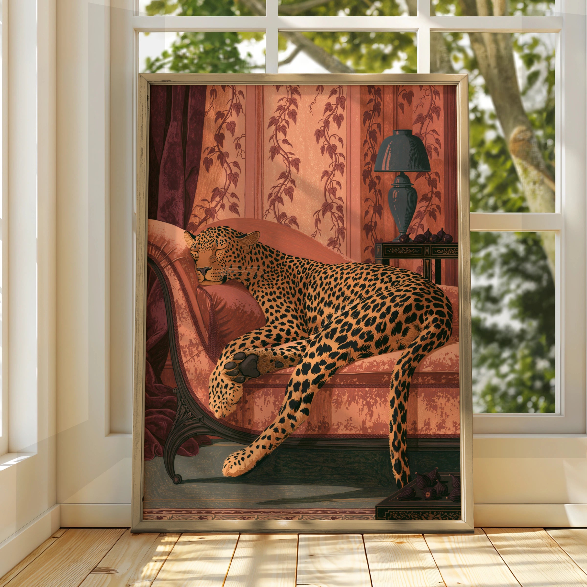 Leopard lounging in elegant setting, wall art print, luxury home decor, animal art
