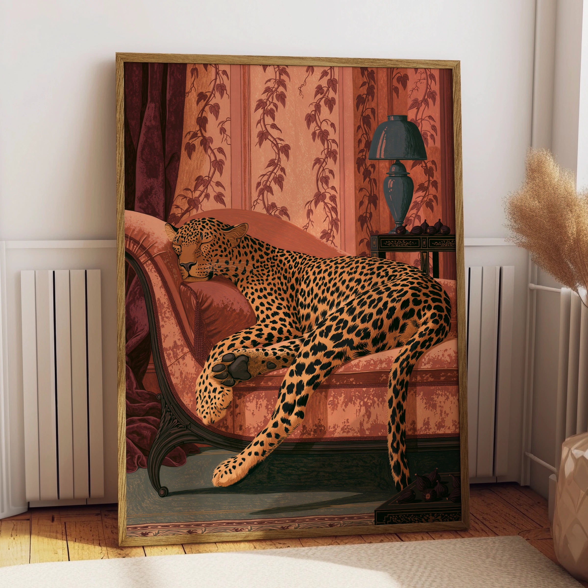 Leopard lounging in elegant setting, wall art print, luxury home decor, animal art