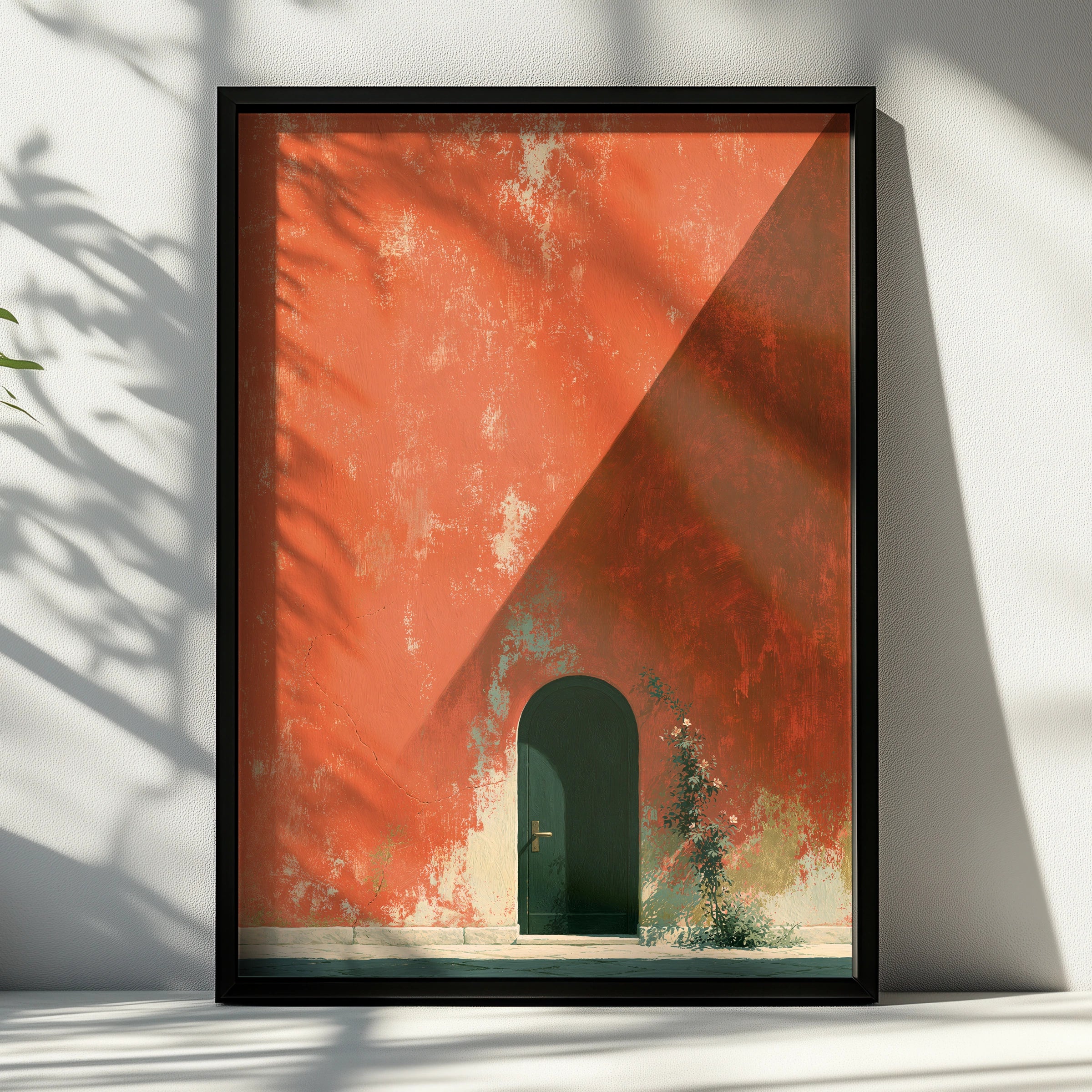 Charming House Entrance, Printable Wall Art, Rustic Home Decor, Minimalist Style, Orange Wall, Floral Accent