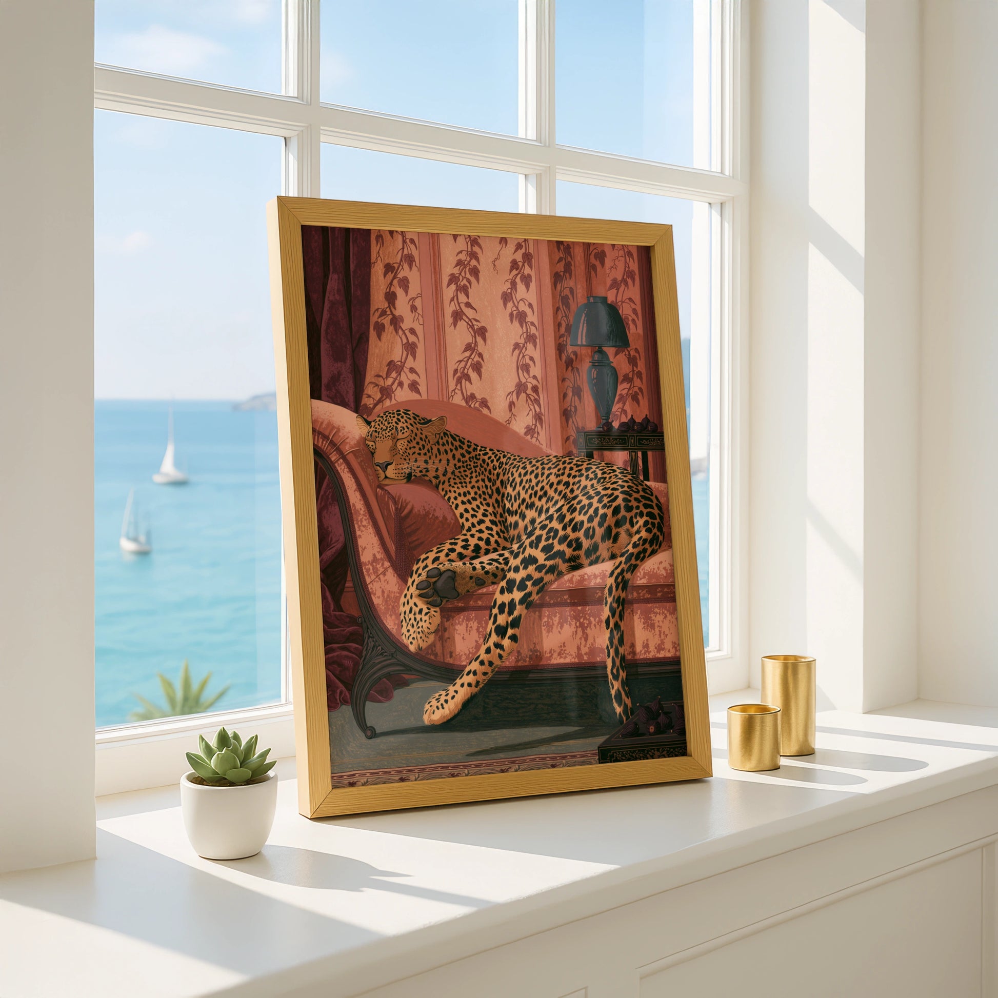 Leopard lounging in elegant setting, wall art print, luxury home decor, animal art