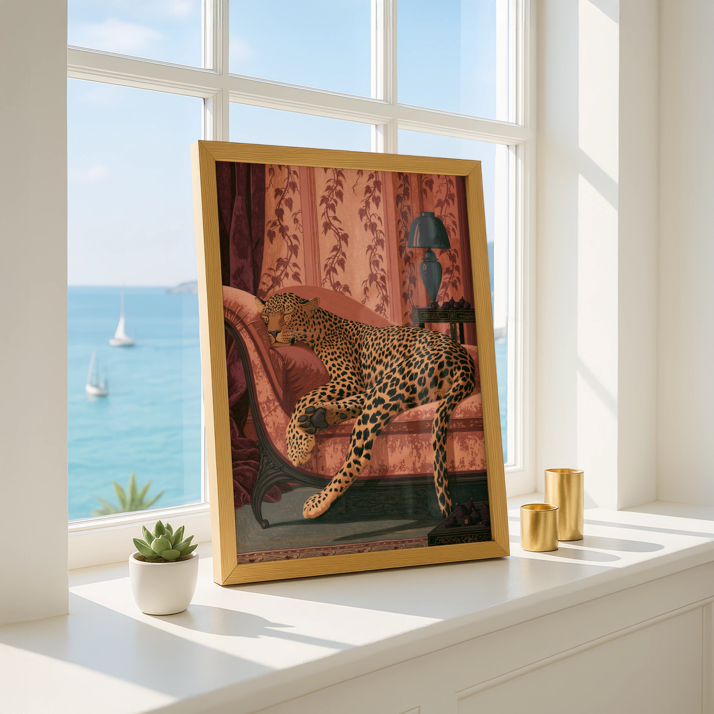 Leopard lounging in elegant setting, wall art print, luxury home decor, animal art