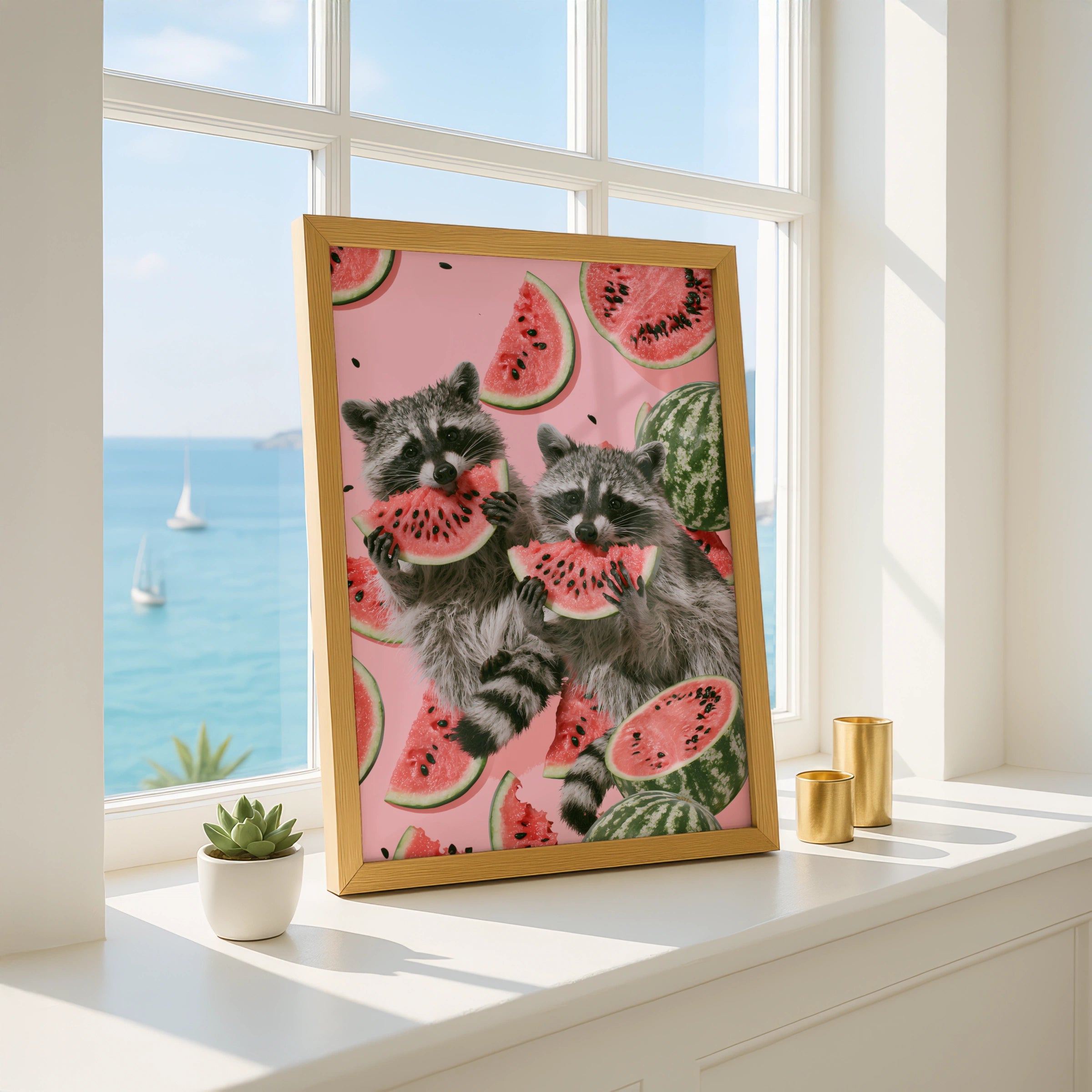 Raccoons Enjoying Watermelon, Cute Animal Print, Colourful Wall Art, Fun Home Decor