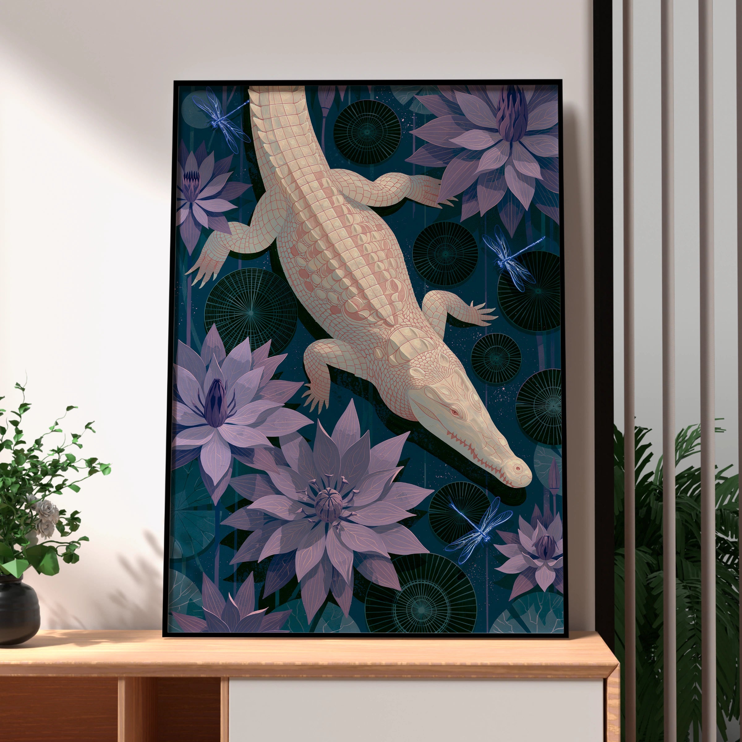 Albino Crocodile Art Print, Underwater Scene, Floral Minimalism, Digital Decor, Botanical Wall Art