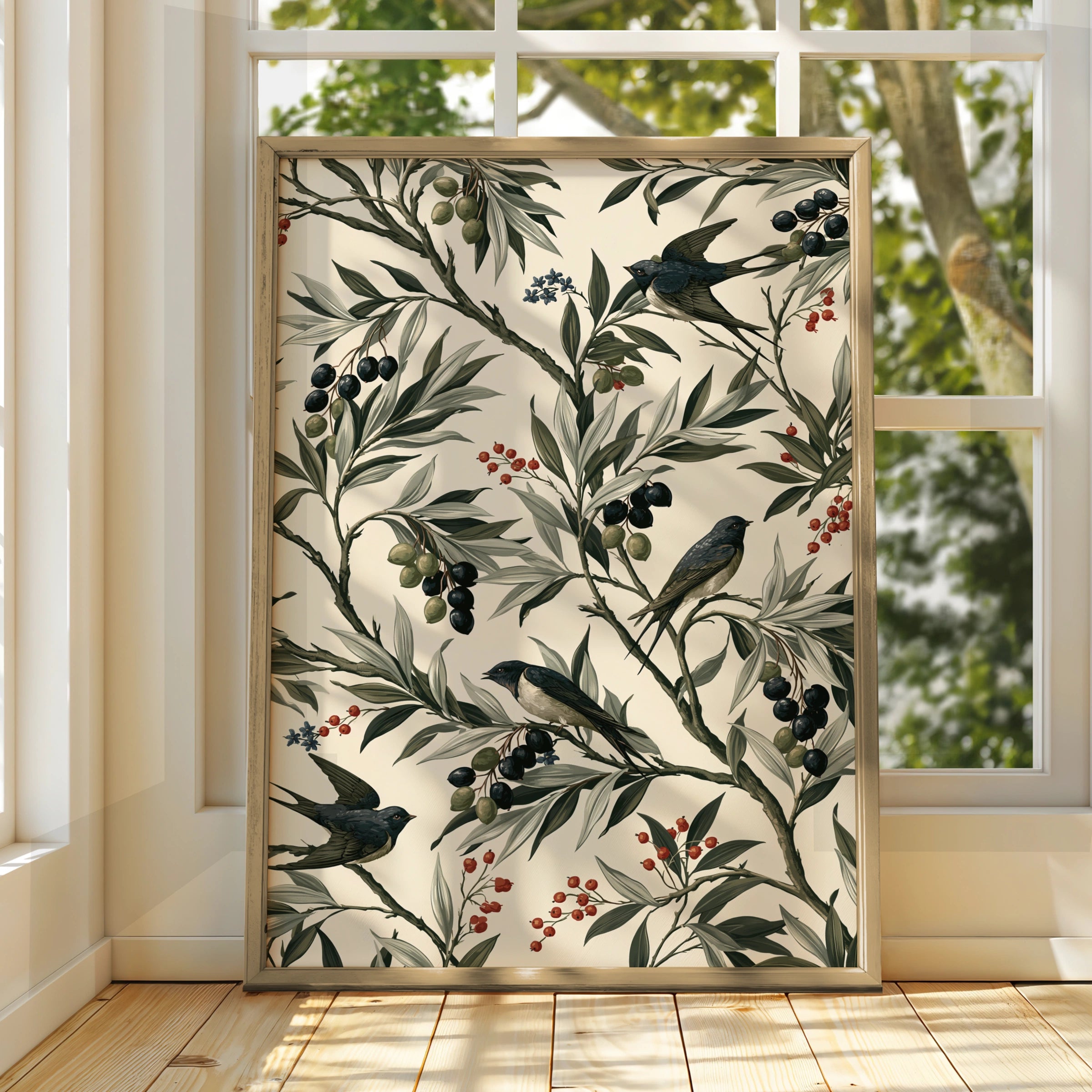Olive Motif Wall Art, Bird Print Poster, Botanical Illustration, Vintage Style Decor