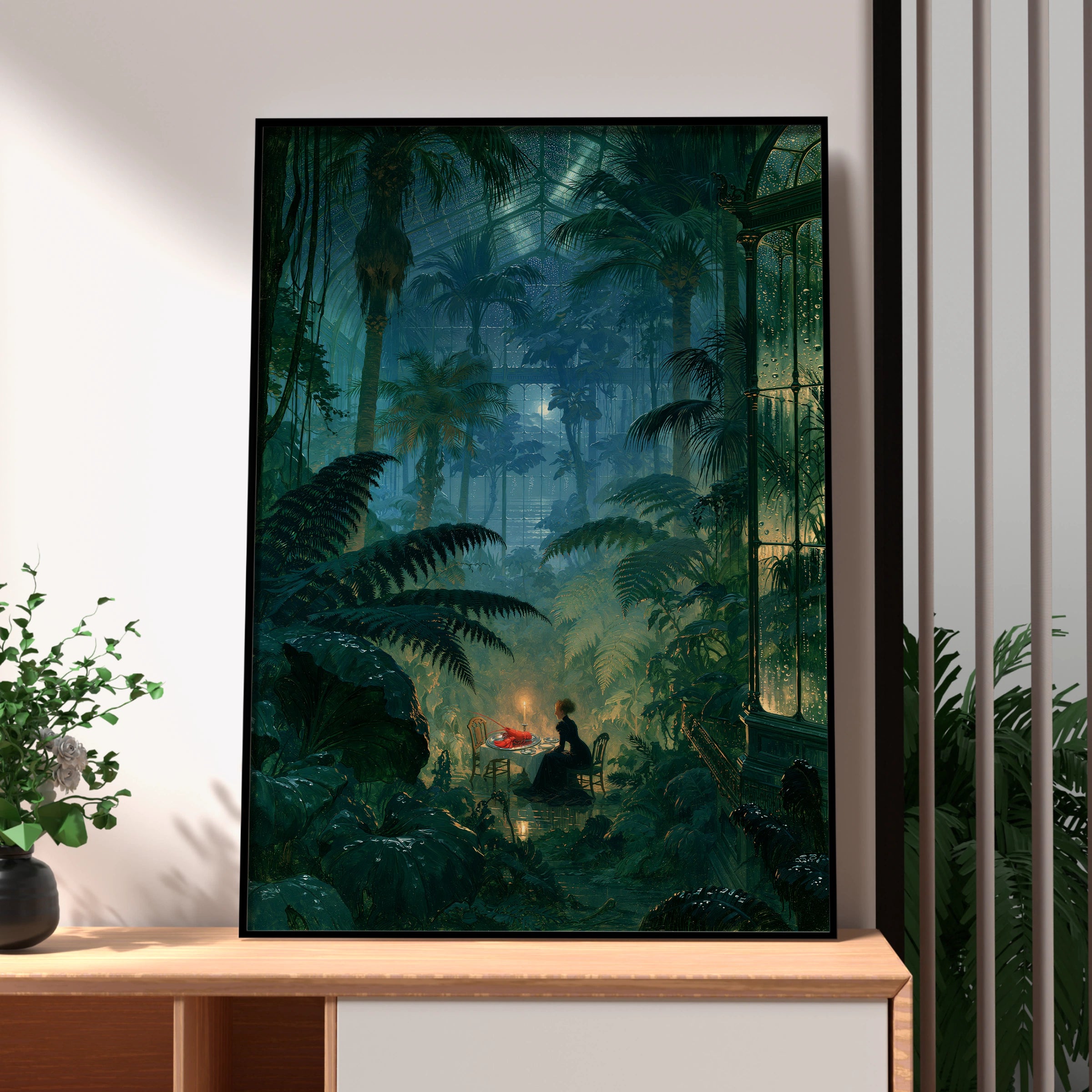 Jungle Dinner Scene, Woman Dining Alone, Mystical Greenery Print, Vegan Art Decor, Botanical Wall Art