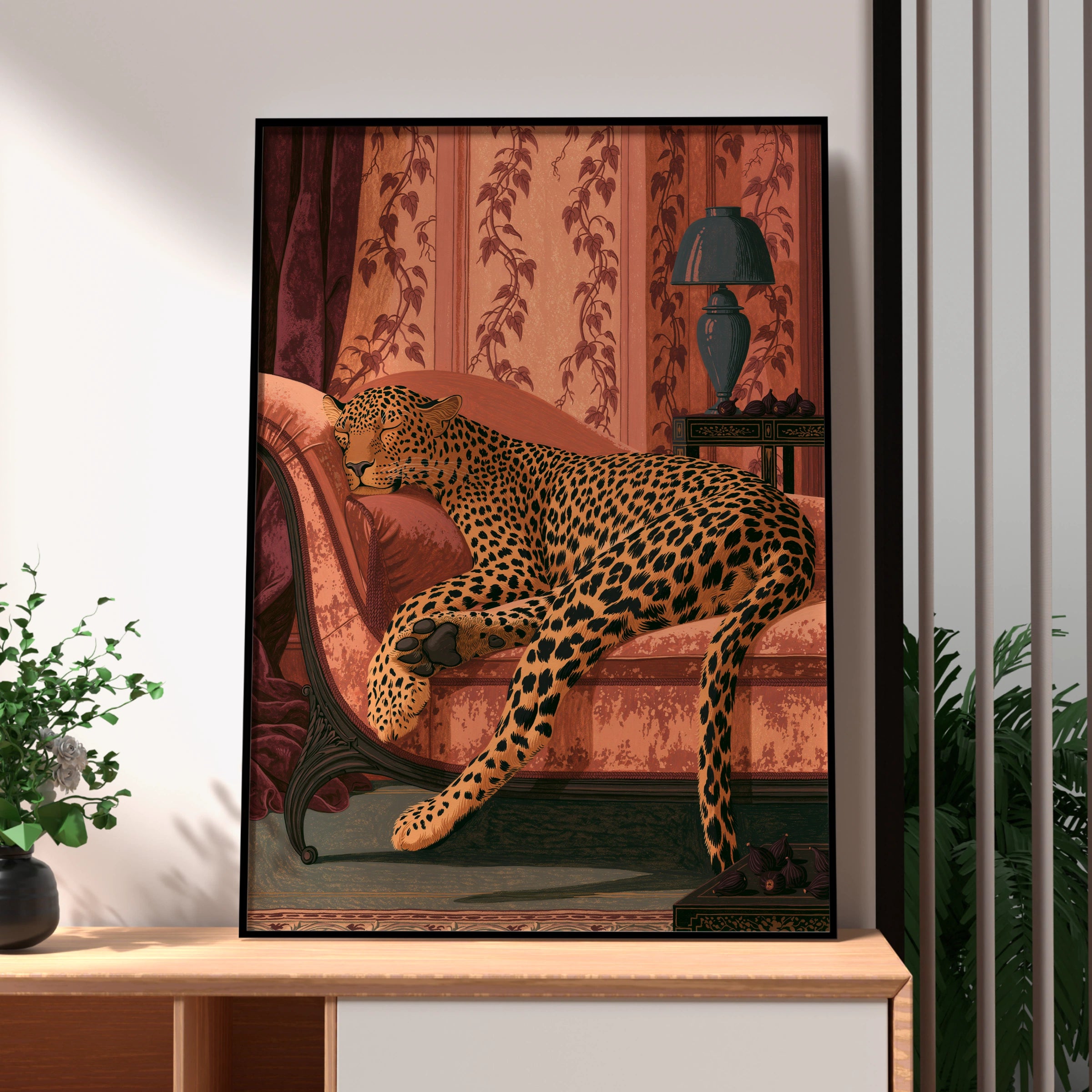 Leopard lounging in elegant setting, wall art print, luxury home decor, animal art