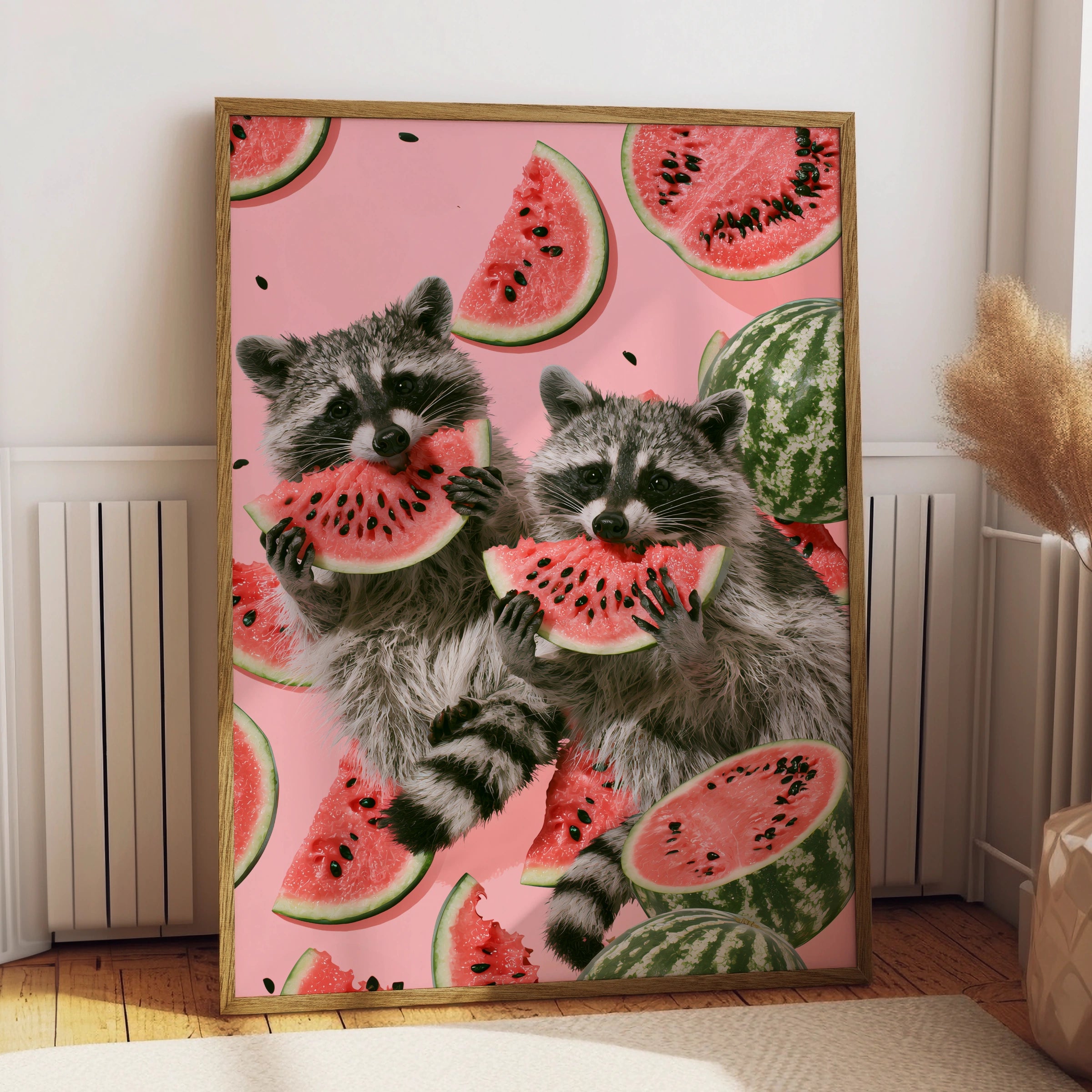 Raccoons Enjoying Watermelon, Cute Animal Print, Colourful Wall Art, Fun Home Decor