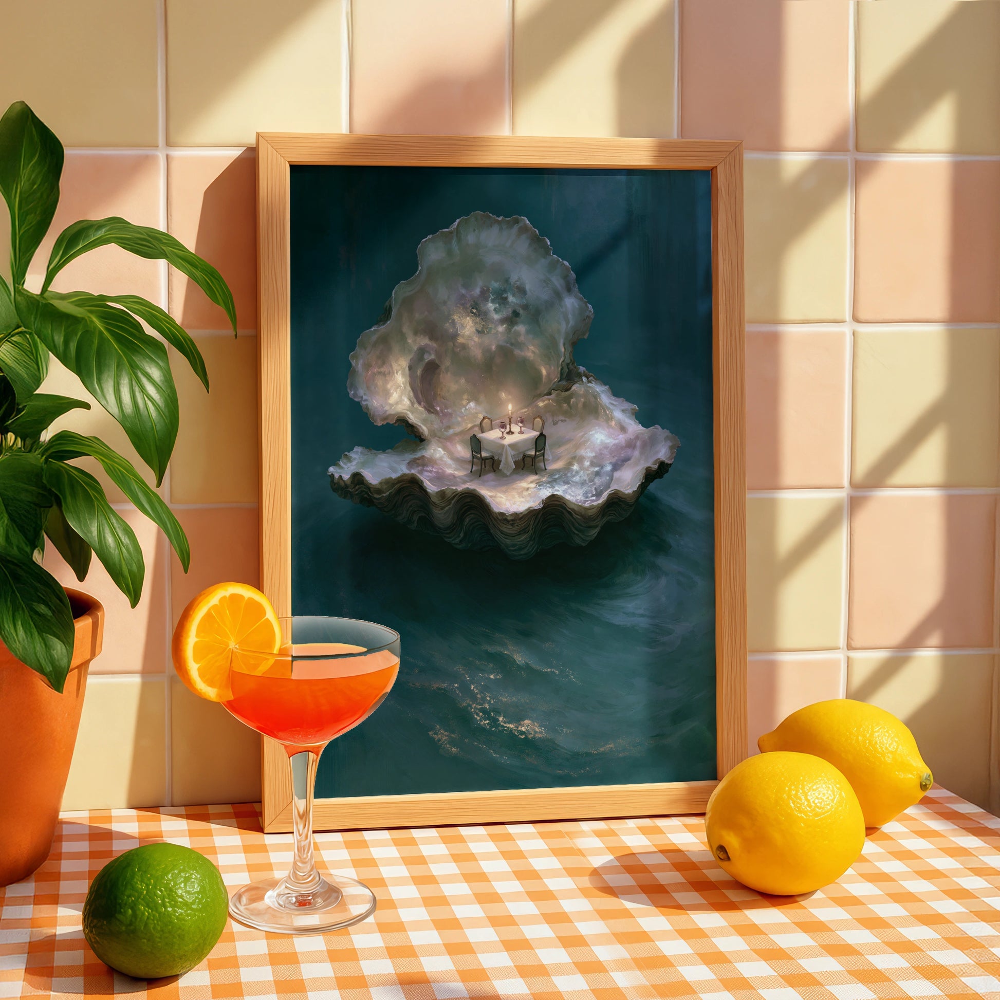 Oyster Dinner Table Art Print, Unique Underwater Dining Scene, Ethereal and Whimsical Style