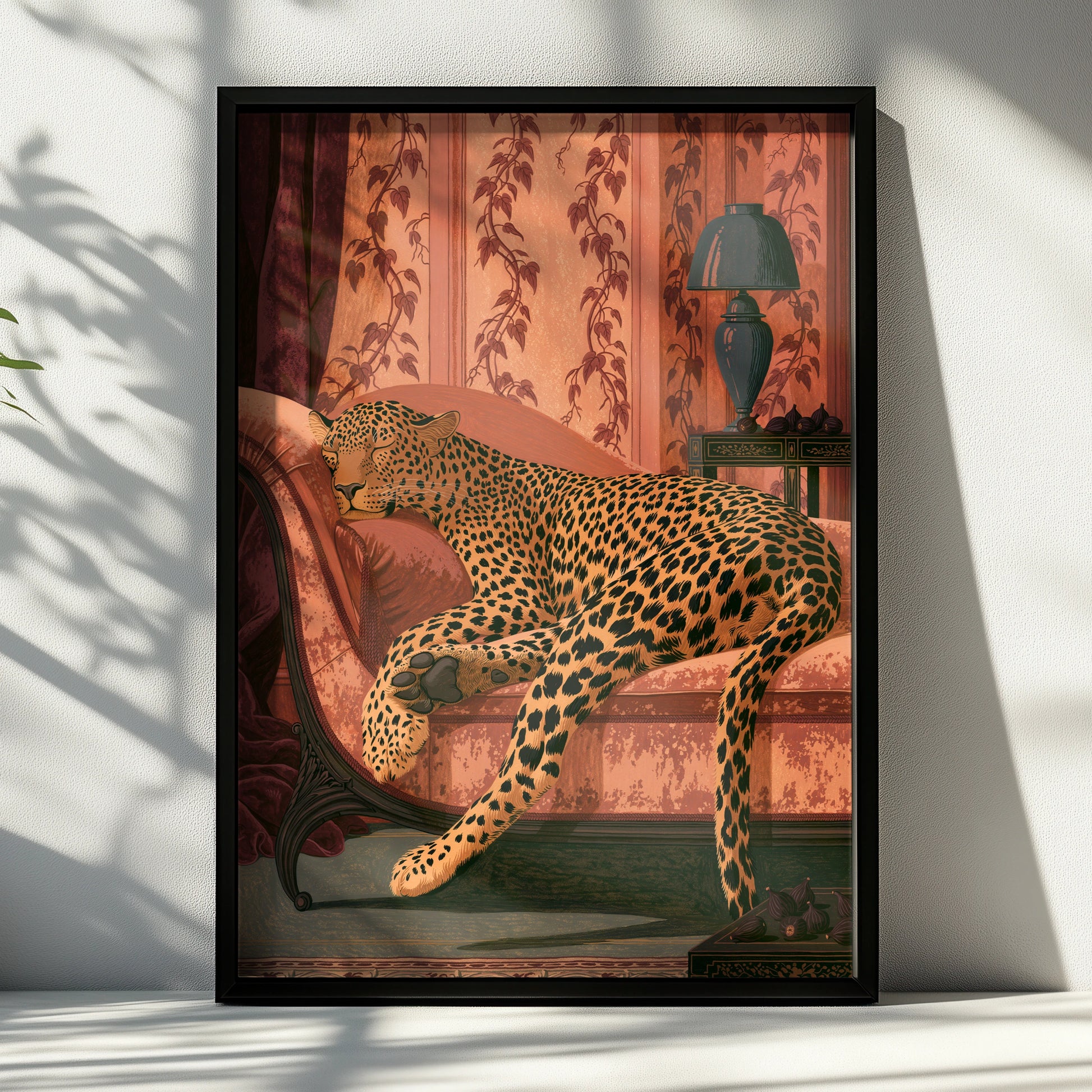 Leopard lounging in elegant setting, wall art print, luxury home decor, animal art