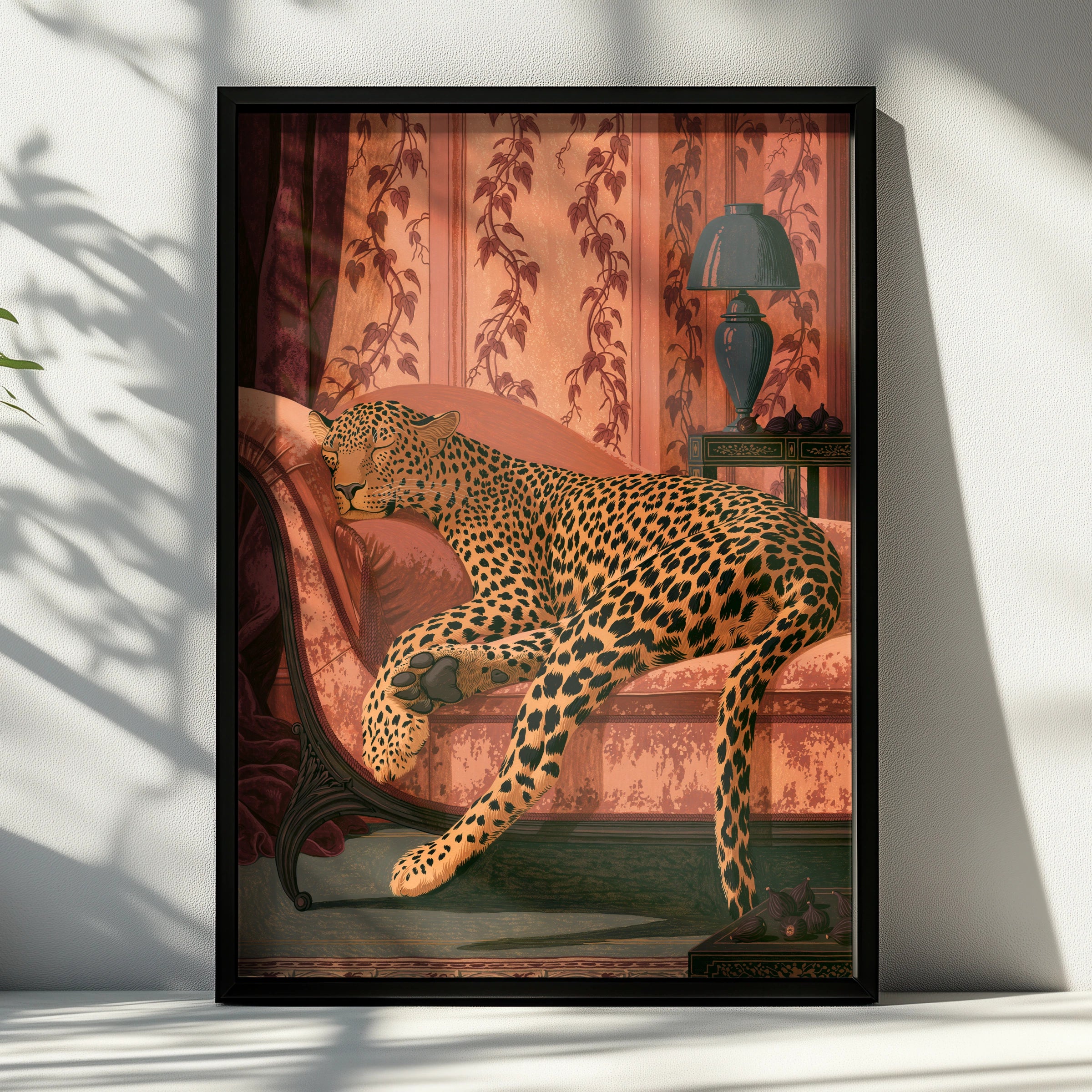 Leopard lounging in elegant setting, wall art print, luxury home decor, animal art