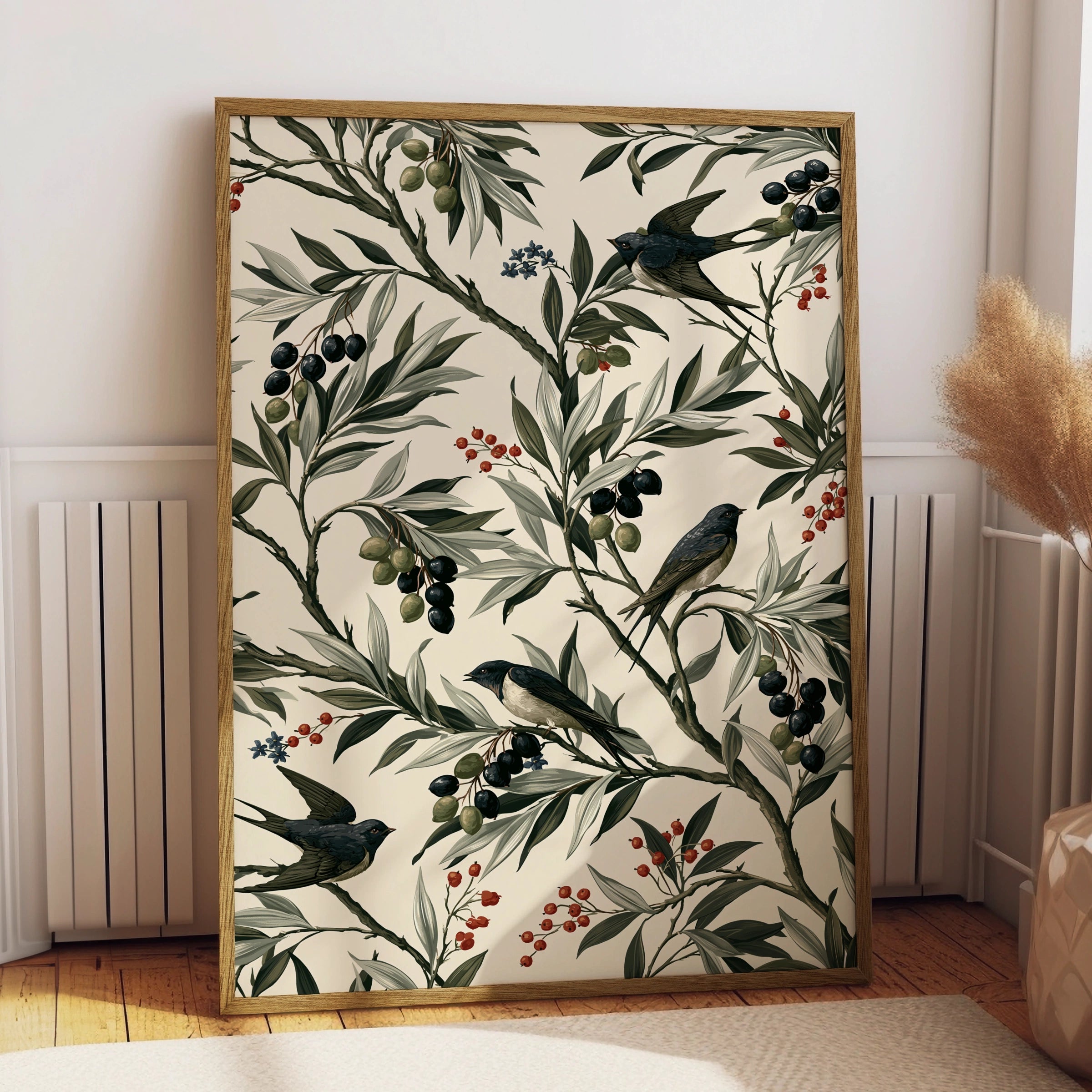 Olive Motif Wall Art, Bird Print Poster, Botanical Illustration, Vintage Style Decor