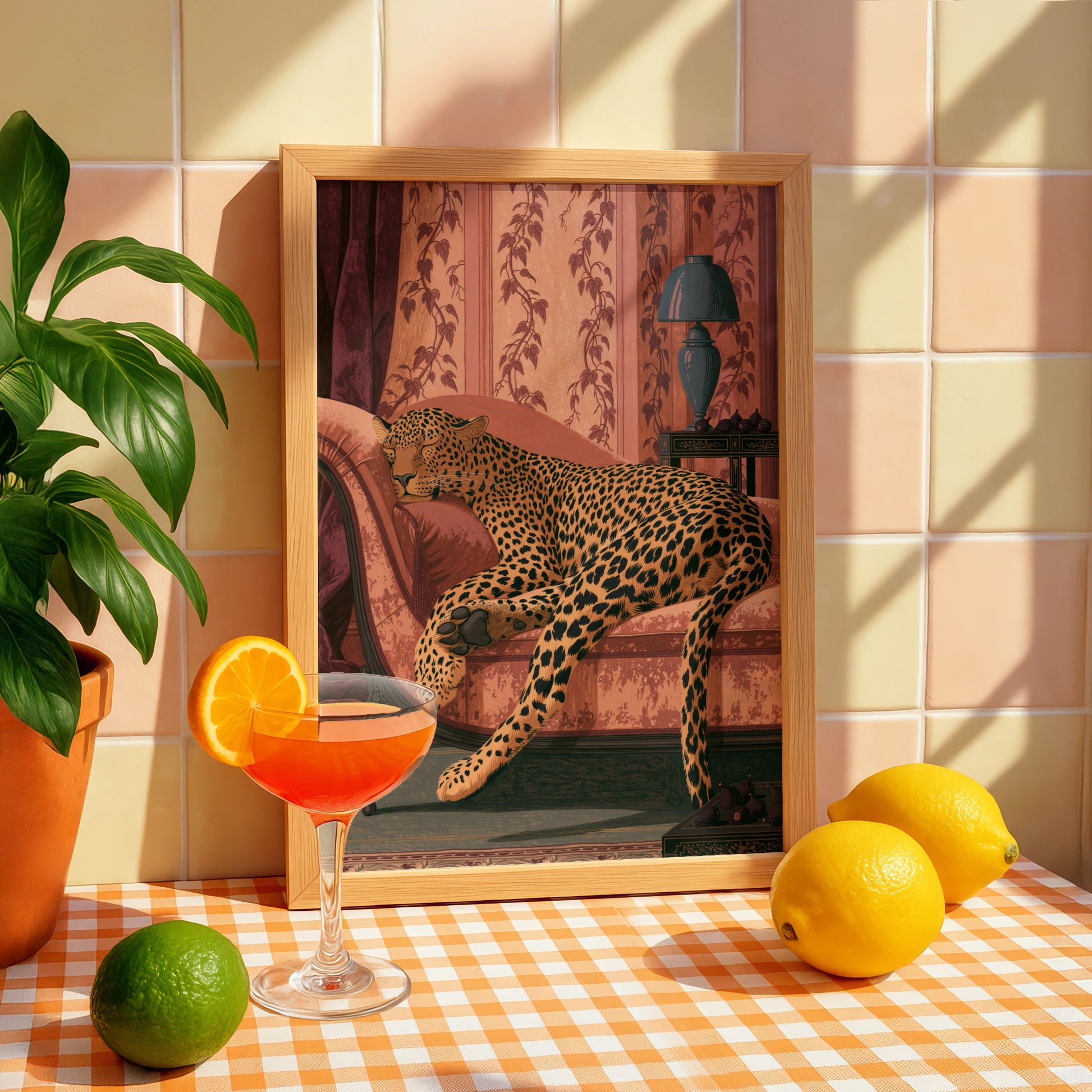 Leopard lounging in elegant setting, wall art print, luxury home decor, animal art