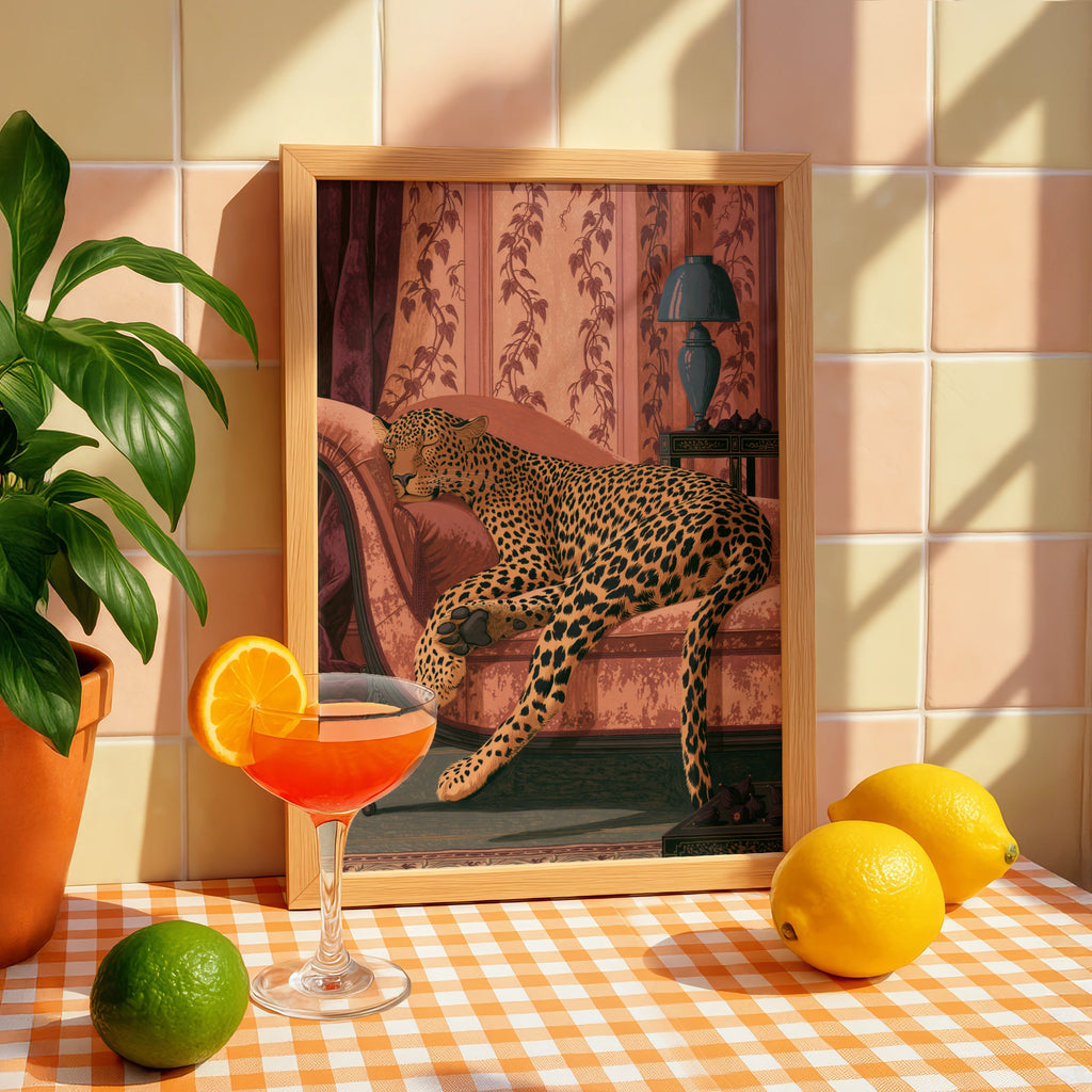 Leopard lounging in elegant setting, wall art print, luxury home decor, animal art
