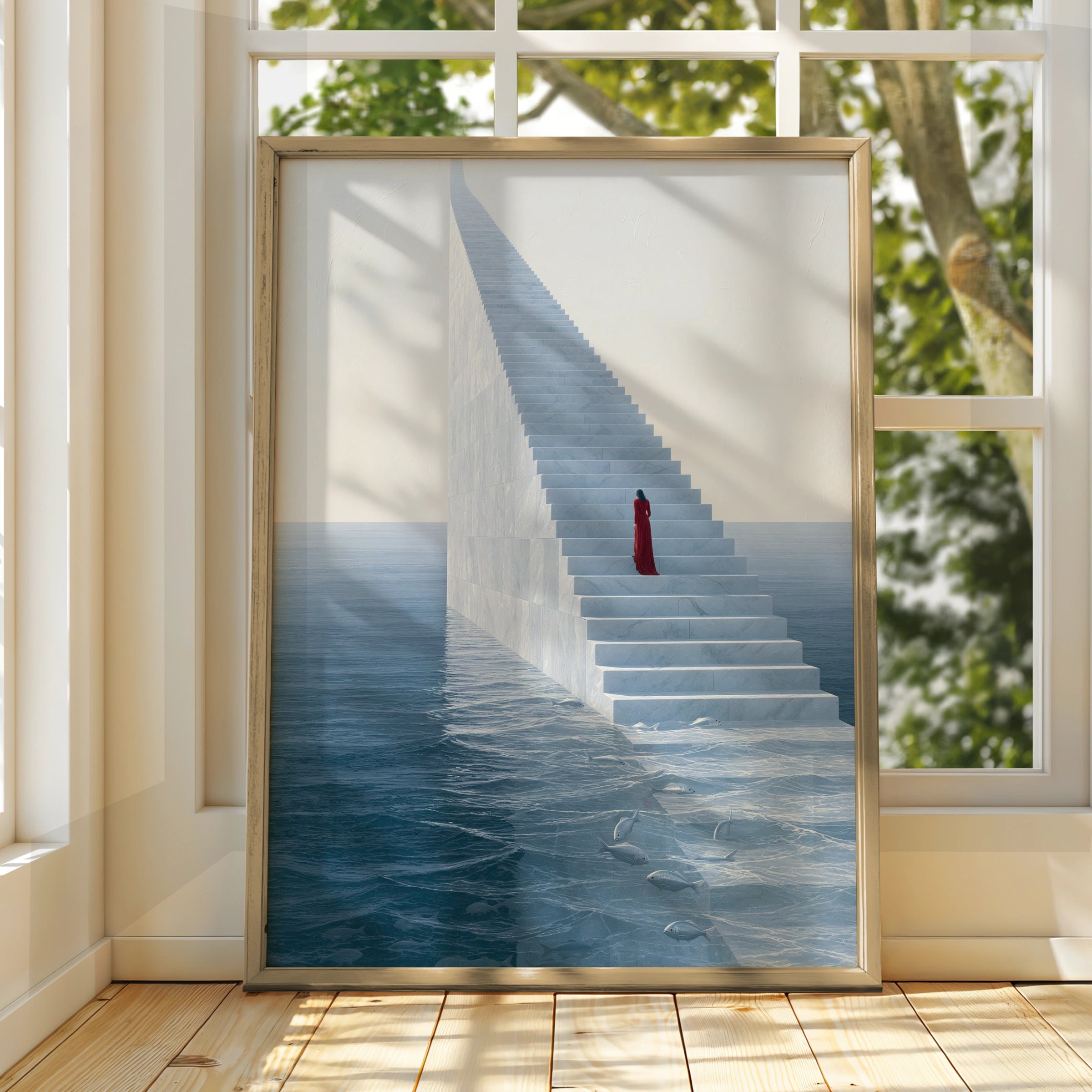 Stairway to Heaven, Surreal Art Print, Minimalist Poster, Ocean Landscape, Dreamy Home Decor