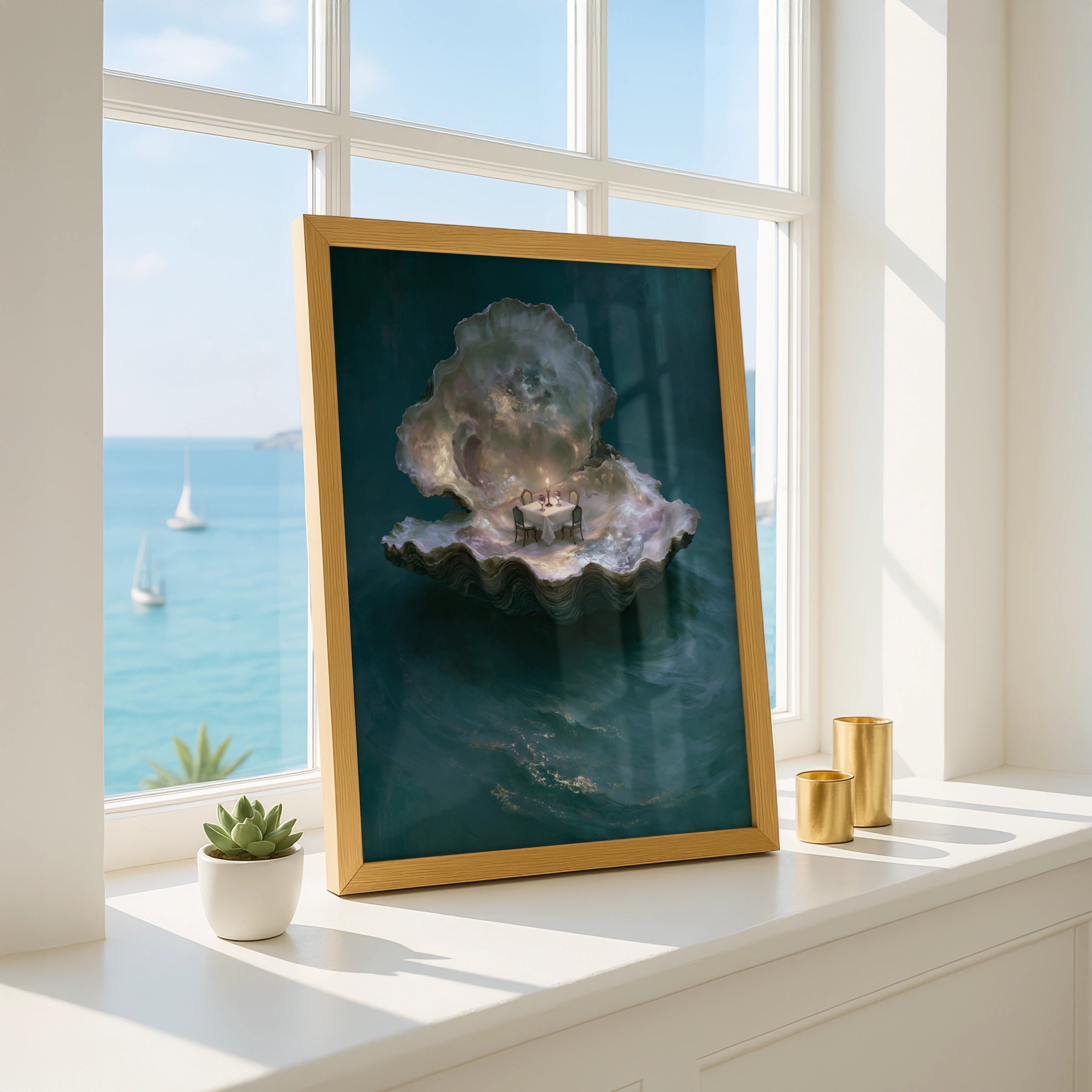 Oyster Dinner Table Art Print, Unique Underwater Dining Scene, Ethereal and Whimsical Style