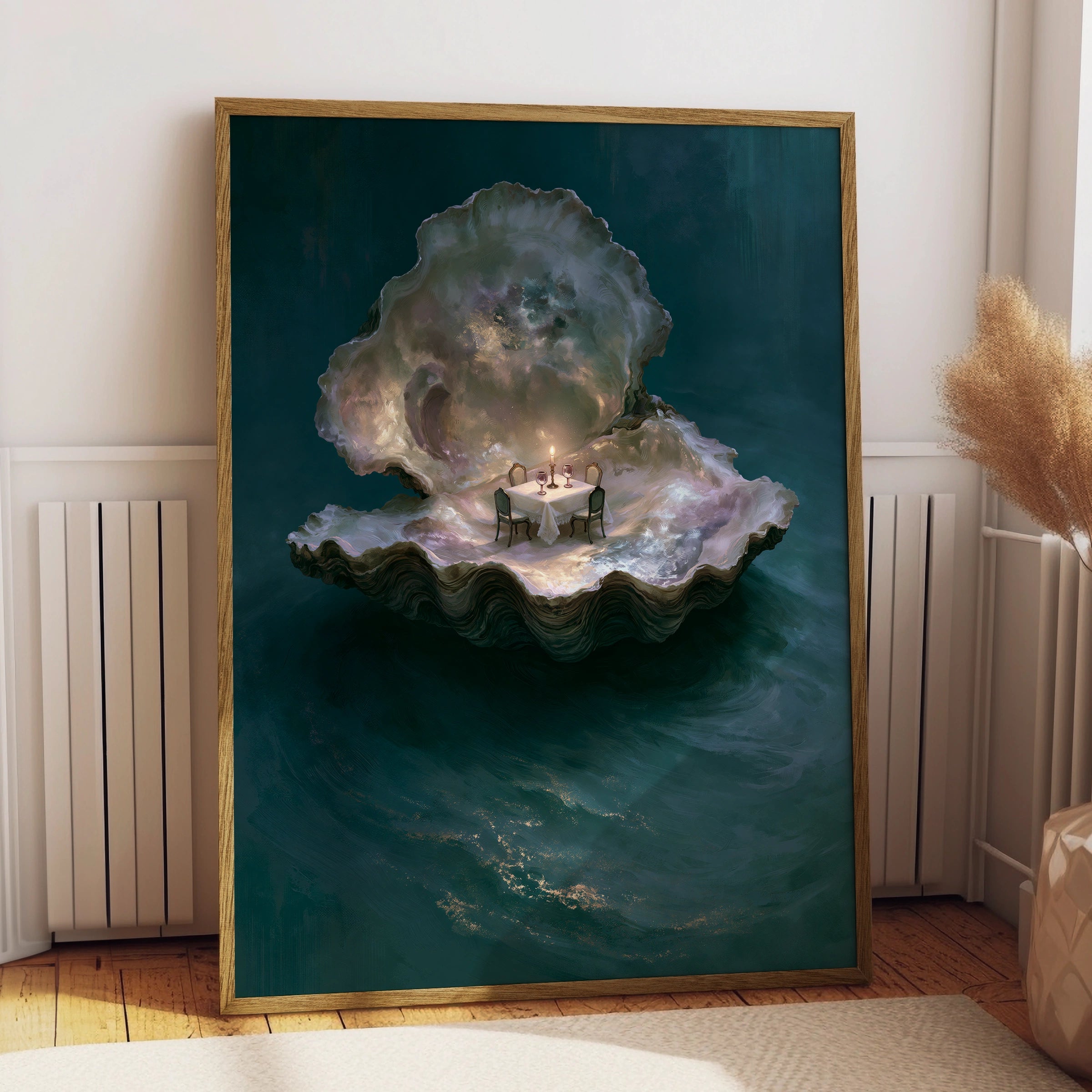 Oyster Dinner Table Art Print, Unique Underwater Dining Scene, Ethereal and Whimsical Style