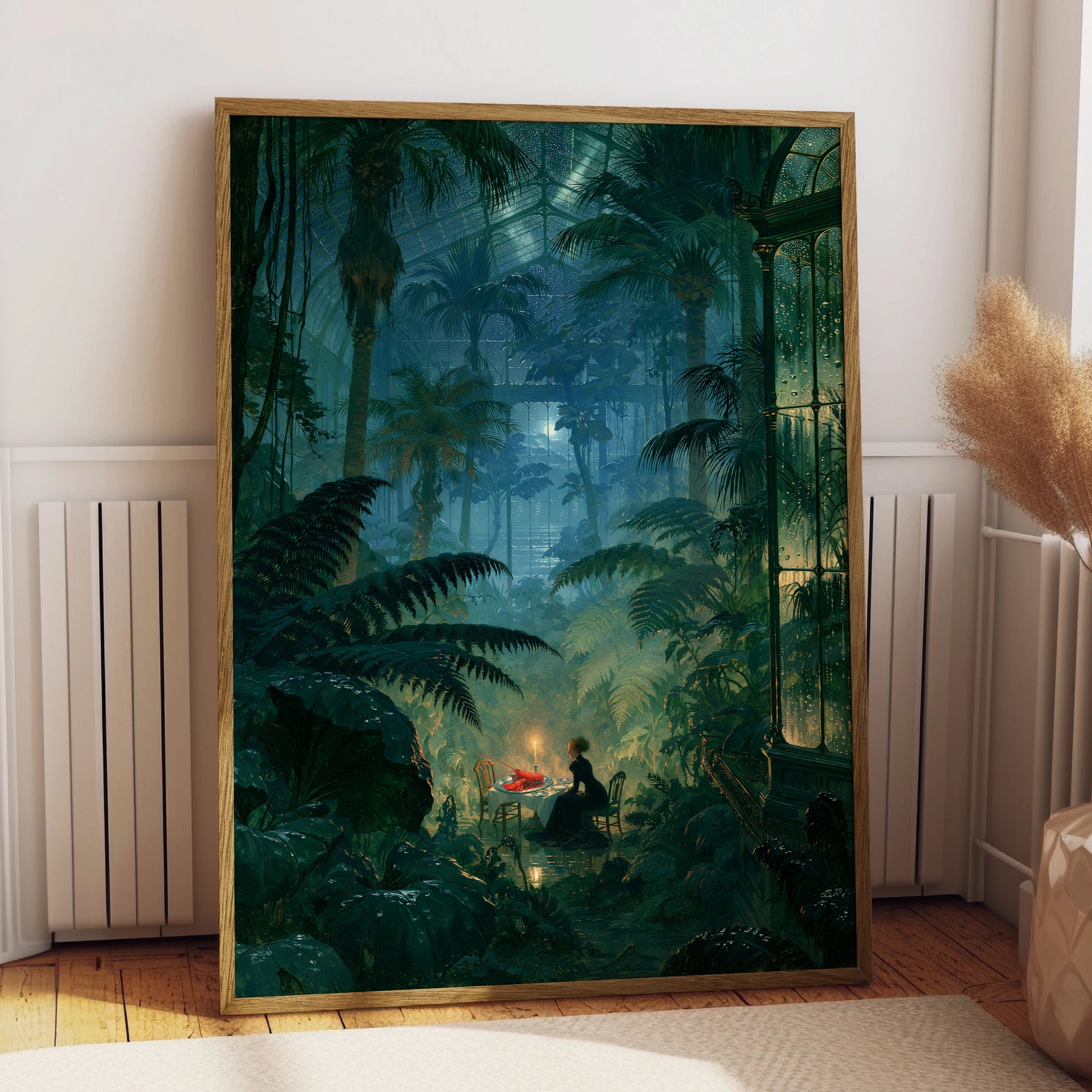 Jungle Dinner Scene, Woman Dining Alone, Mystical Greenery Print, Vegan Art Decor, Botanical Wall Art